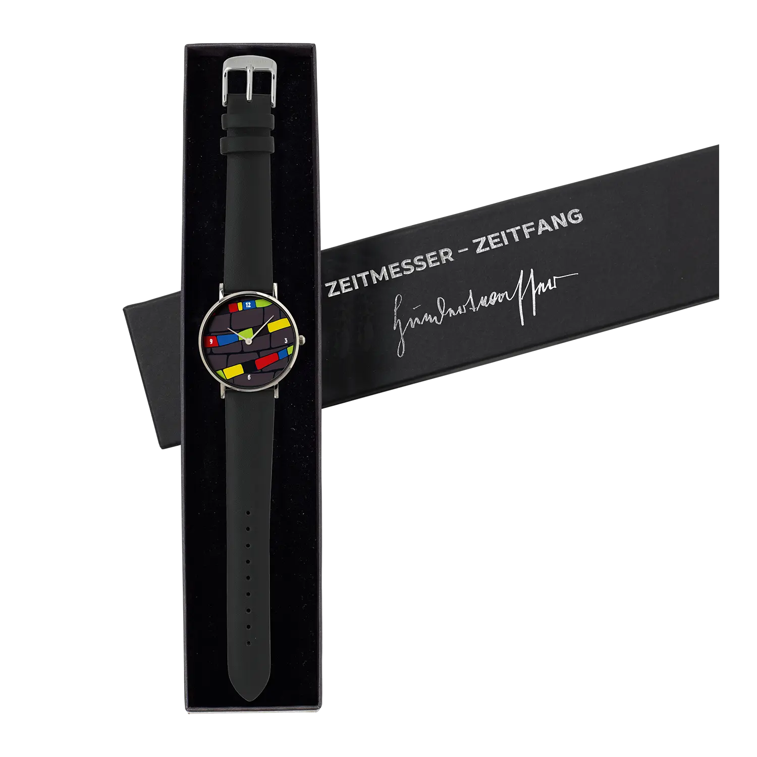 Künstler-Armbanduhr Zeitfinder "Zeitfang" mit buntem Zifferblatt, Geschenkbox.