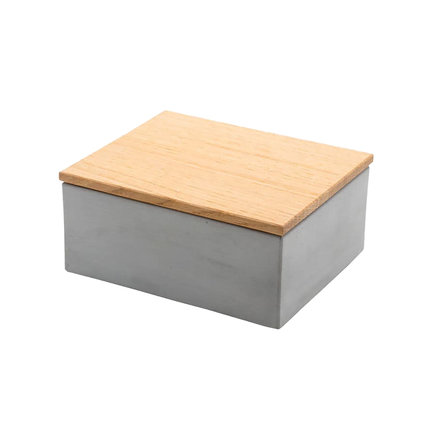 Wir stellen die Aufbewahrungsbox mit Eichenholzdeckel vor: eine kompakte rechteckige Aufbewahrungsbox mit einem Deckel aus heller Eiche und einem Boden aus glattem grauem Beton. Sie zeichnet sich durch ein minimalistisches Design aus, das die natürlichen Texturen von Holz und Beton vor einem einfachen weißen Hintergrund hervorhebt.
