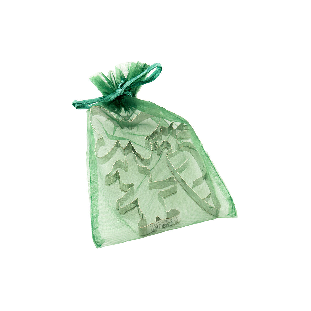 In einem Netzbeutel mit Kordelzug befinden sich drei Ausstecherle aus spülmaschinenfestem Edelstahl in Form von Hase, Karotte und Schmetterling. Der grüne Beutel ist oben zugebunden und steht auf einem schlichten weißen Untergrund.