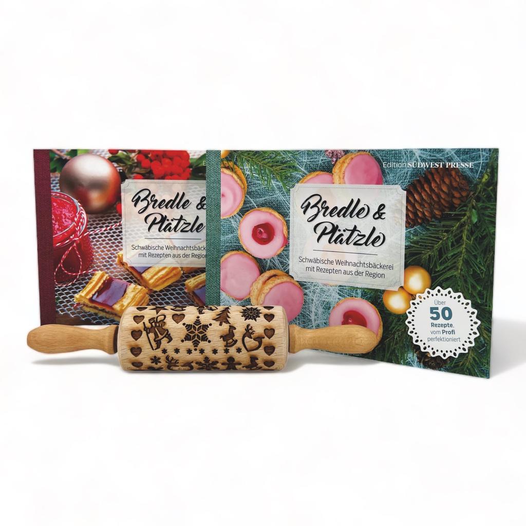 Backset bestehend aus „Bredle & Plätzle" mit beiden Backbüchern und Keksroller aus Holz