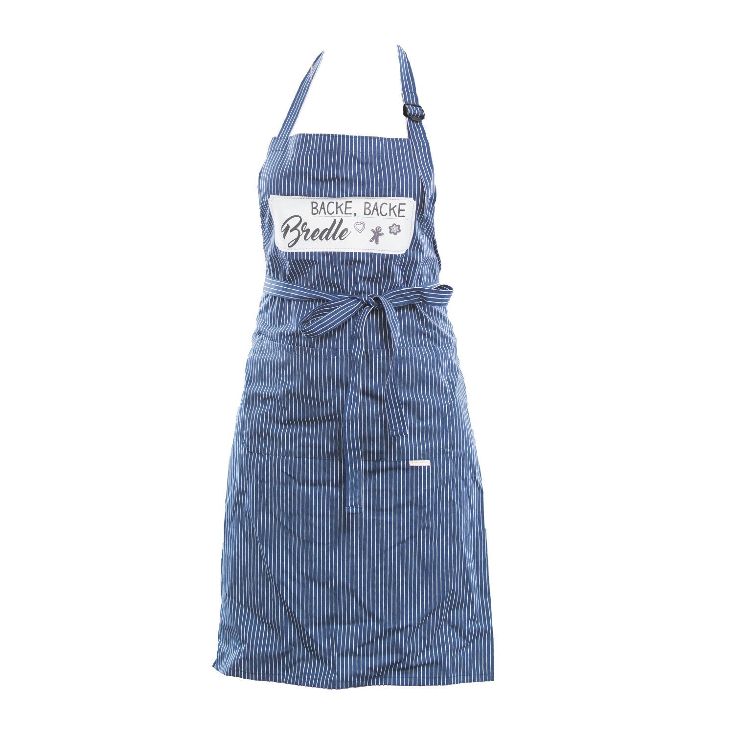 Blau-weiße Backschürze aus Baumwolle mit Backe, Backe Bredele auf der Brust.
