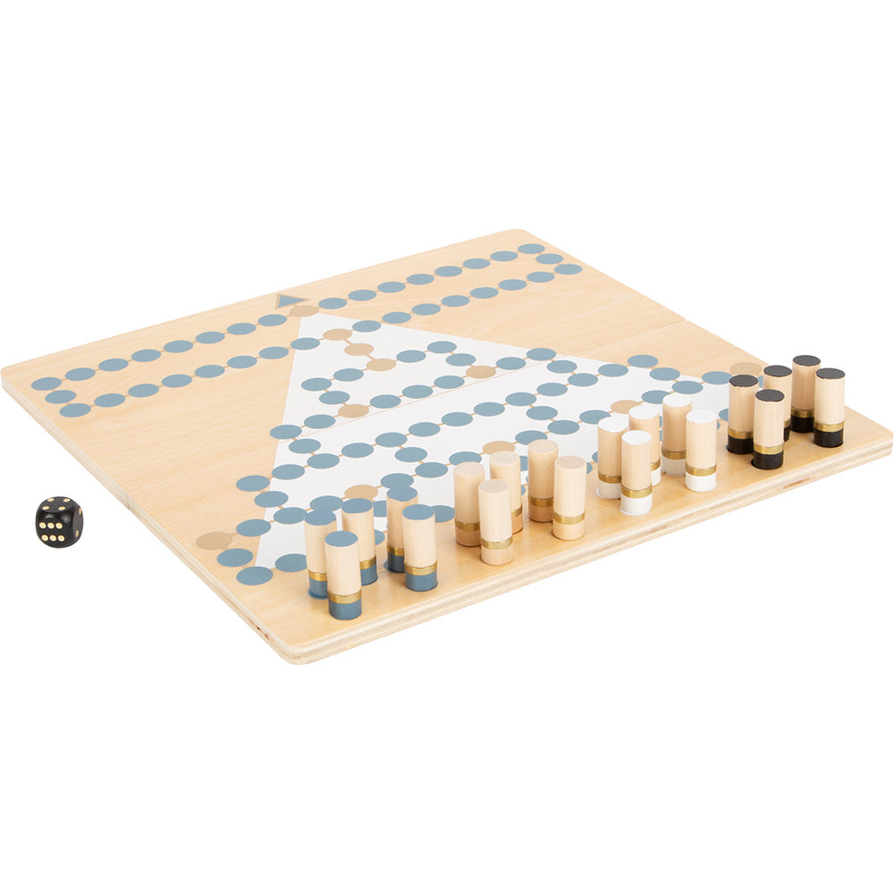 Barrikade Spiel und Halma Spiel aus Holz: Brettspiel mit Stiften und Würfel.