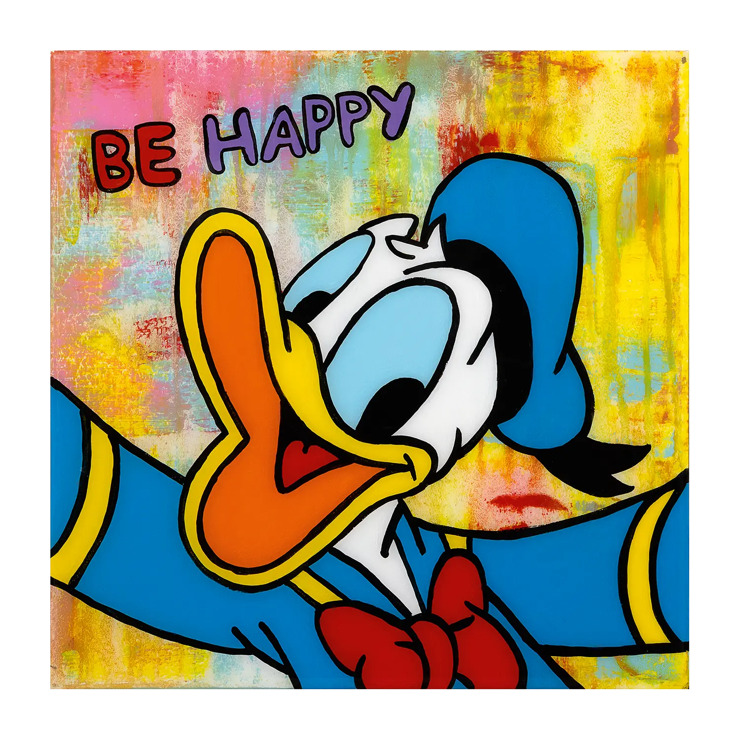 BE HAPPY" Donald Duck Pop Art lächelnd mit erhobenen Armen auf Aluminiumplatte.