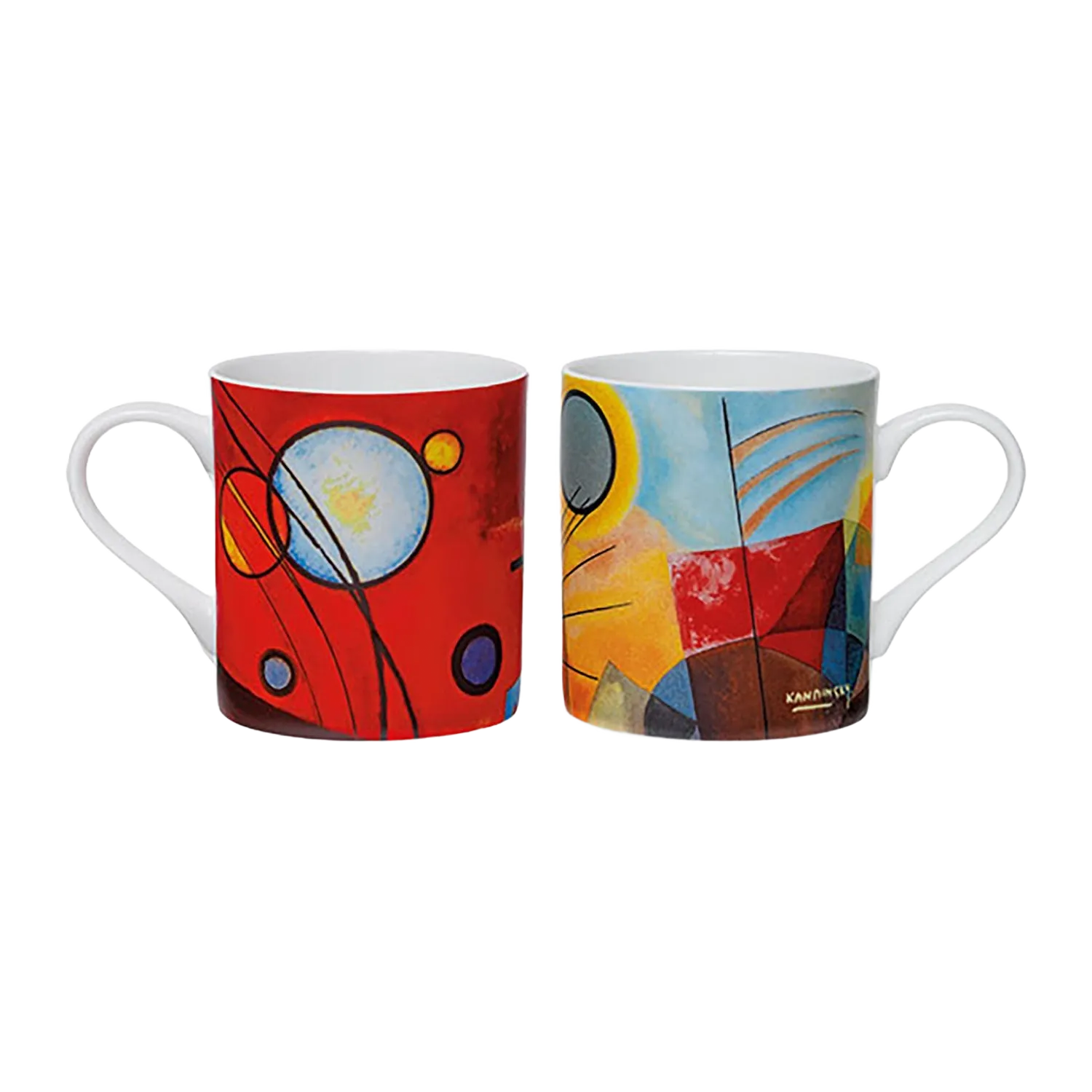 2 Becher "Schweres Rot" "Gelb - Rot - Blau" im Set auf weißem Hintergrund.