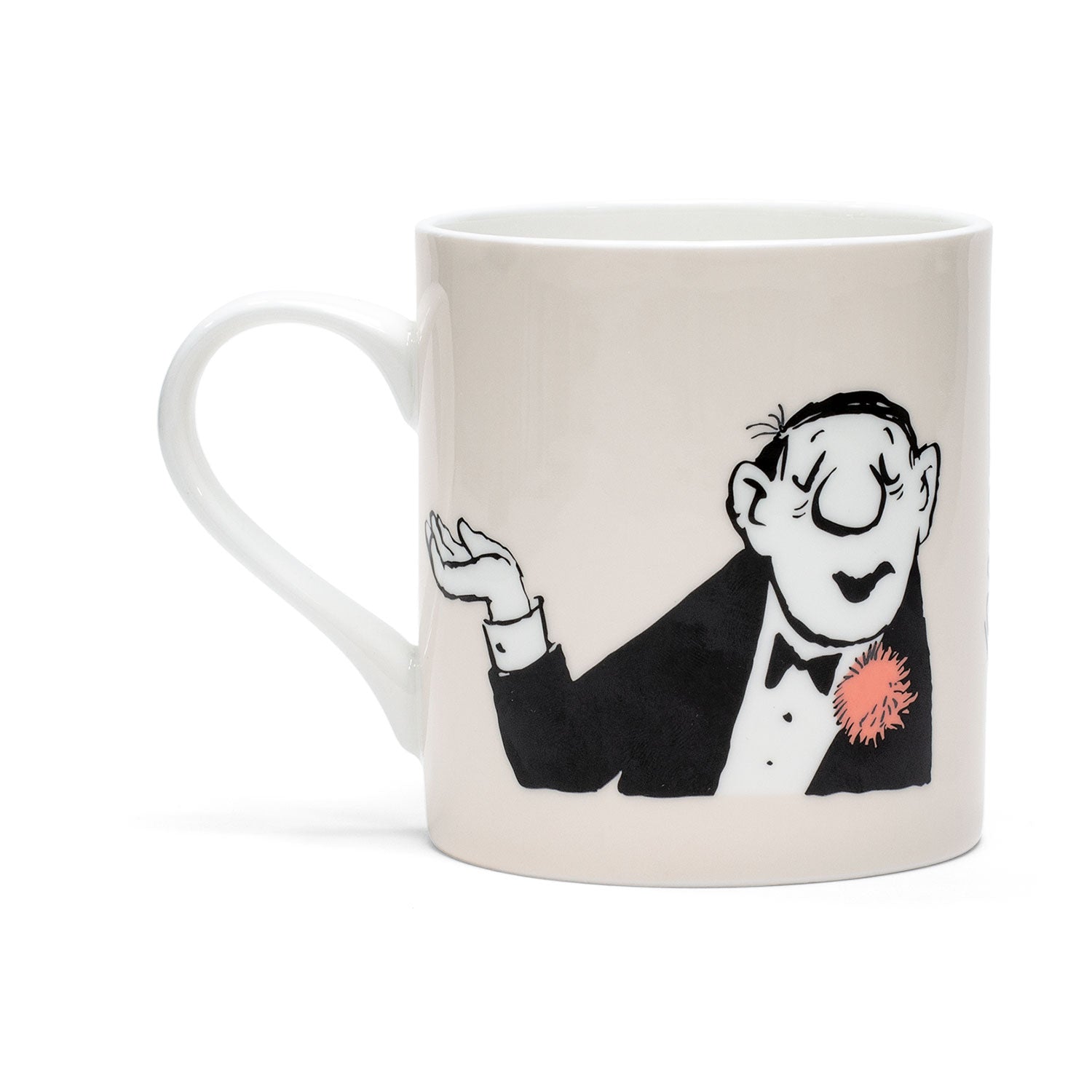 Diese bezaubernde Loriot-Tasse, Teil des Sets „Rosenkavalier“ & „Conférencier“, ist aus feinem Bone-China-Porzellan gefertigt und zeigt eine schwarz-weiße Karikatur einer Figur im Smoking mit einem roten Blumenrevers, die den ikonischen Stil von Vicco von Bülow einfängt.