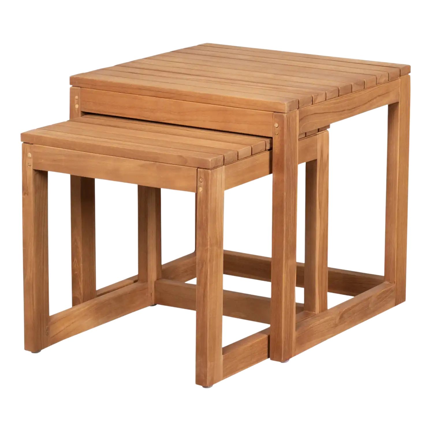 Zwei wetterfeste Beistelltische aus Teak für Garten und Wohnbereich.