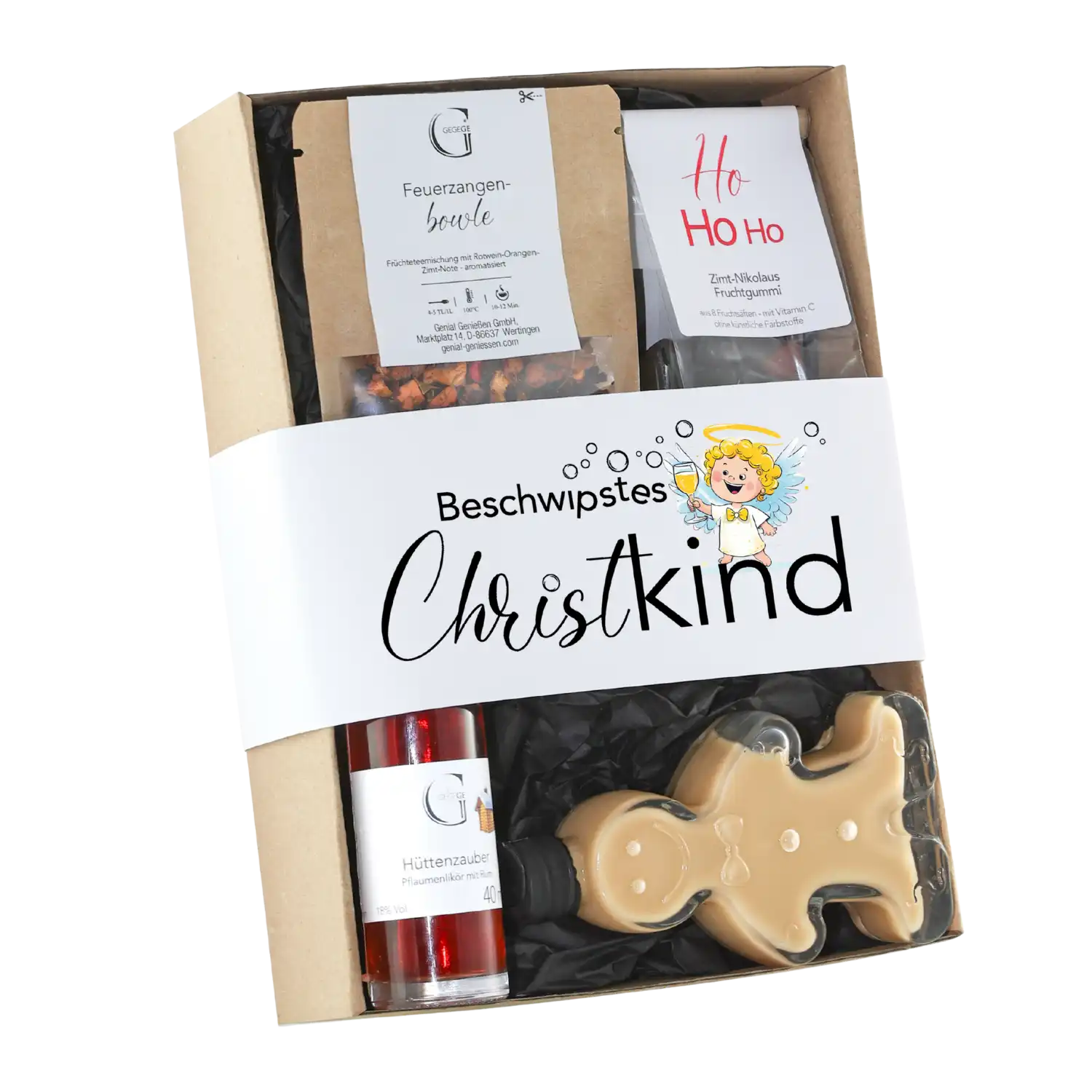 Beschwipstes Christkind: Geschenkset mit Tee weihnachtlichen Leckereien.