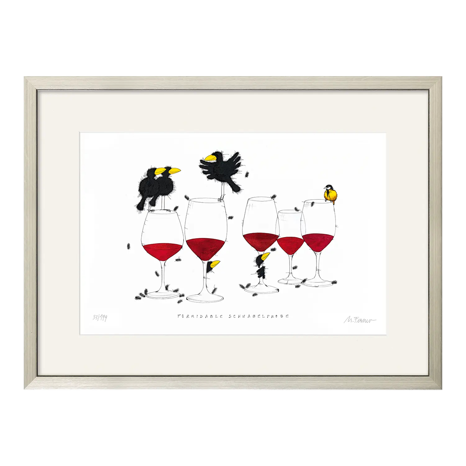 Vier Vögel hocken auf Weingläsern in "Formidable Schnabelprobe" 2021, gerahmt.