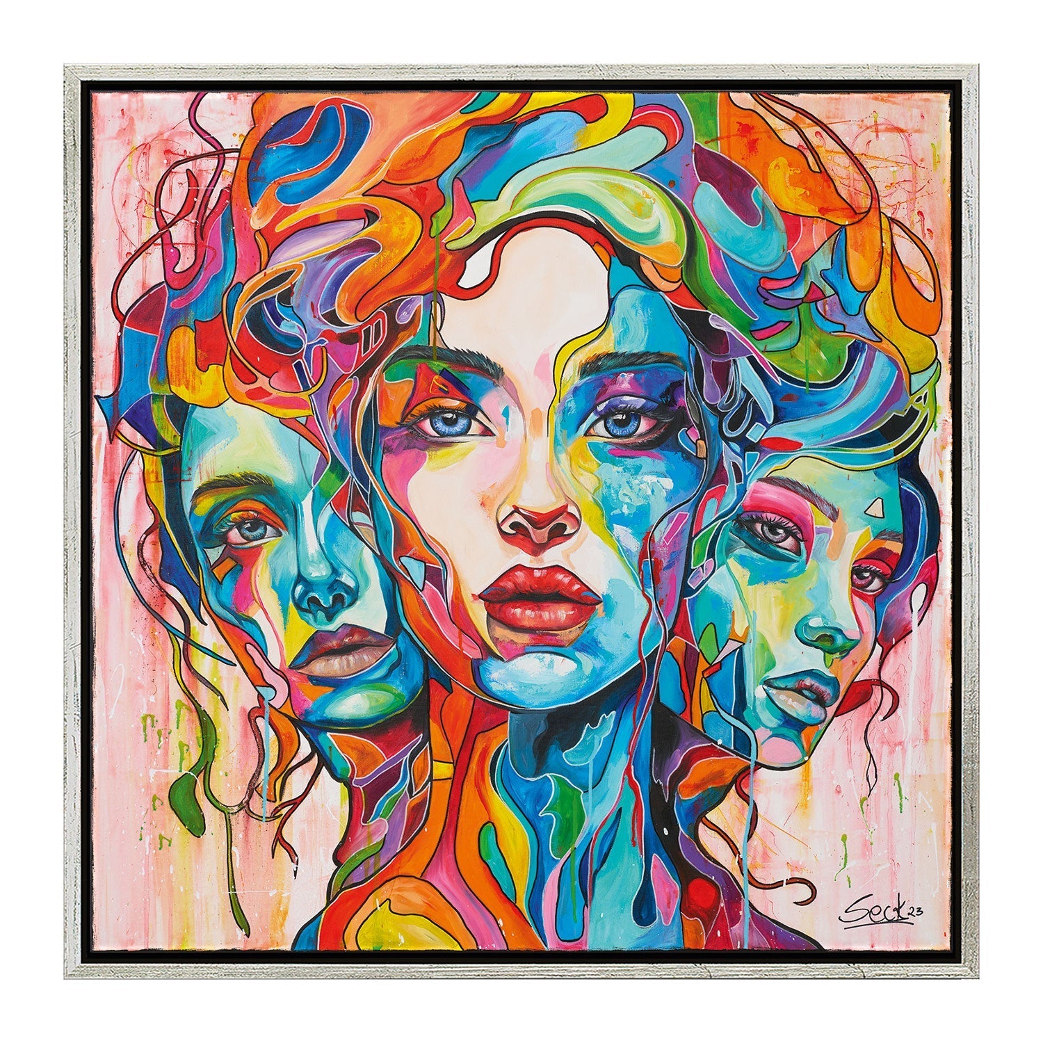 Das Bild-Gemälde „Hydra“ (2023) zeigt lebendige, stilisierte, sich überlappende Gesichter mit wallendem, buntem Haar, das nahtlos in abstrakte, fließende Formen und einen strukturierten Hintergrund aus Rot-, Blau-, Grün- und Gelbtönen übergeht.