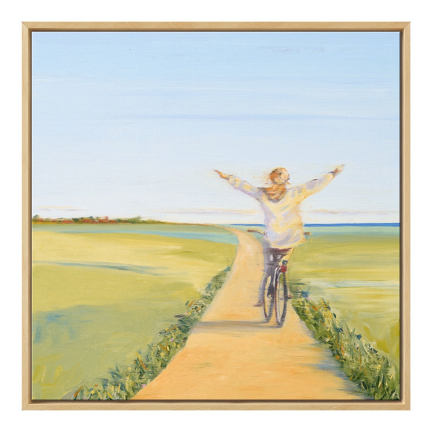 Das Giclée-Gemälde „Ich atme die Freude in meinem Herzen“ (2024) zeigt eine Person, die mit ausgestreckten Armen durch eine üppige, grüne Landschaft unter einem wolkenblauen Himmel radelt. Dieses Kunstwerk verkörpert Freiheit und Ruhe und ist somit eine exquisite Ergänzung für jede limitierte Sammlung.