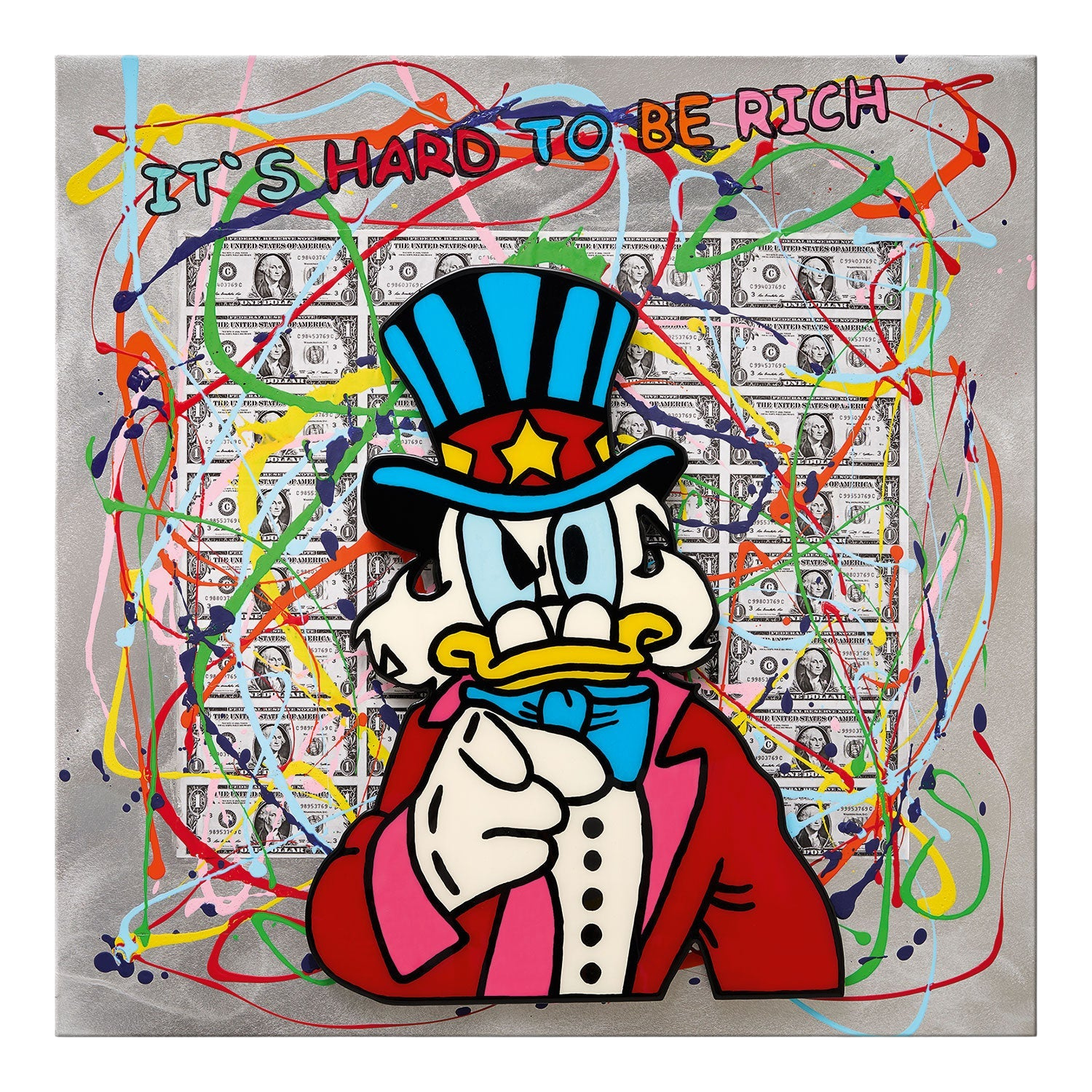 Cartoon-Ente im Anzug, Pop-Art "It's Hard To Be Rich" von Michael Pfannschmidt.