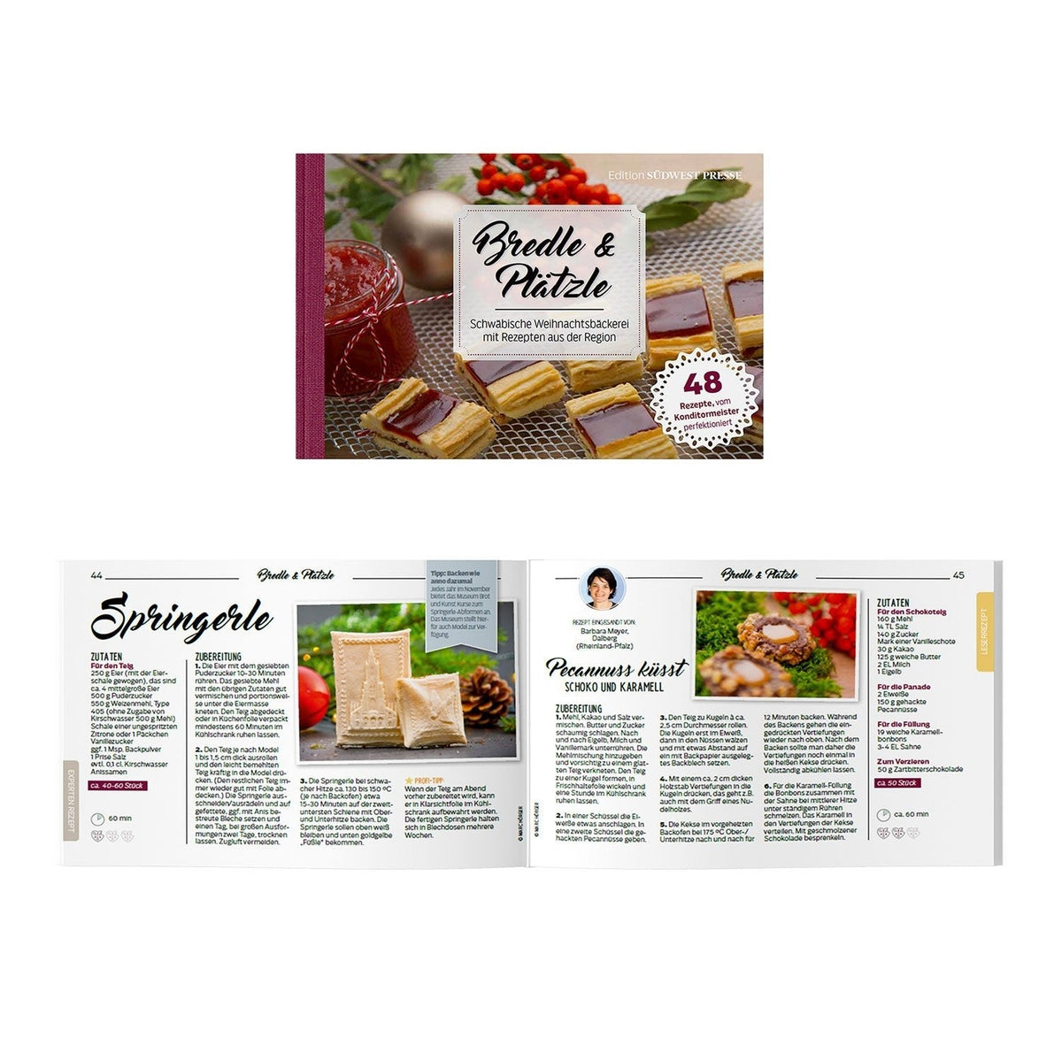 Aufgeschlagenes Backbuch „Bredle & Plätzle" mit Rezeptseite und Plätzchenfotos