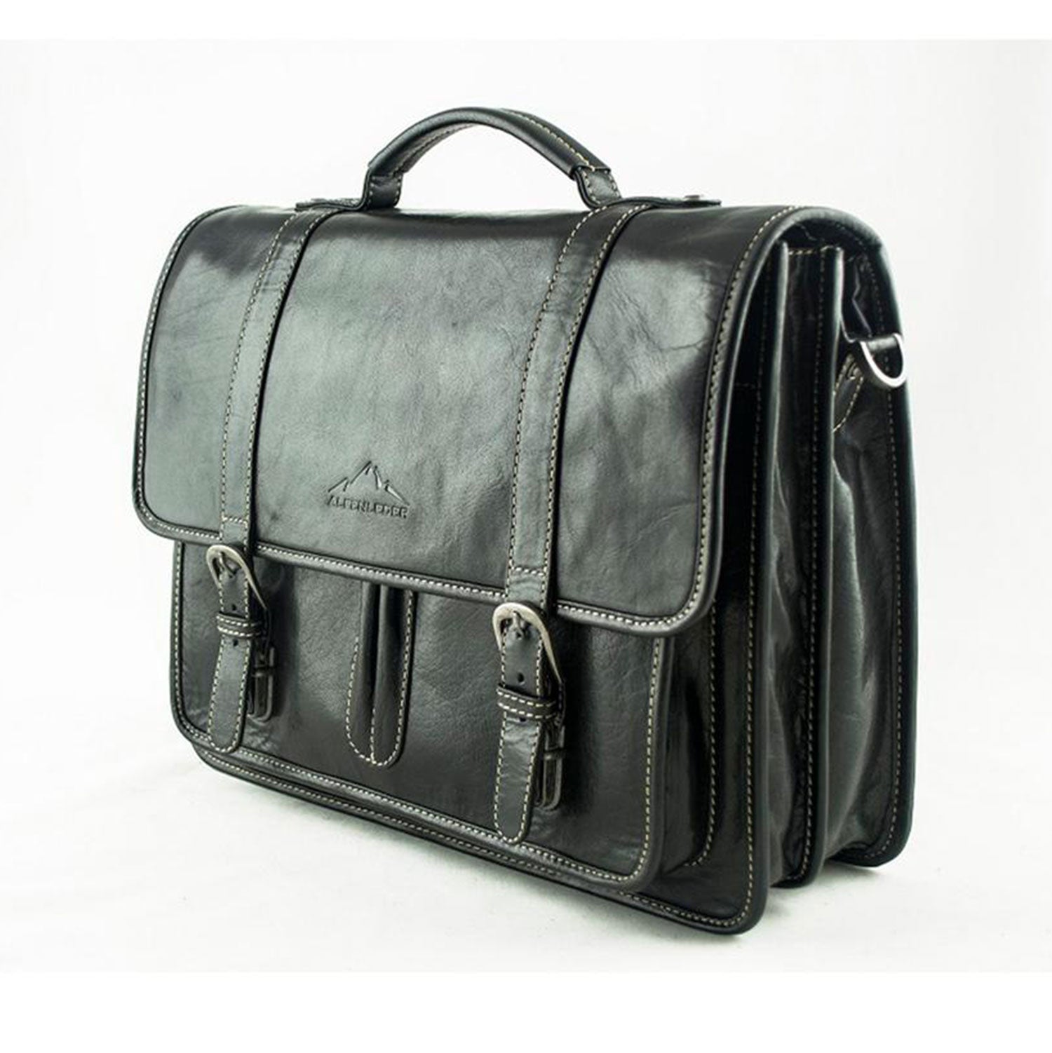 Die Aktentasche OHIO ist eine schwarze Lederaktentasche mit zwei Schnallen vorne, einem Tragegriff, strukturierter Oberfläche und Kontrastnähten. Sie verfügt über mehrere Fächer, darunter ein von der Seite sichtbares Laptopfach.