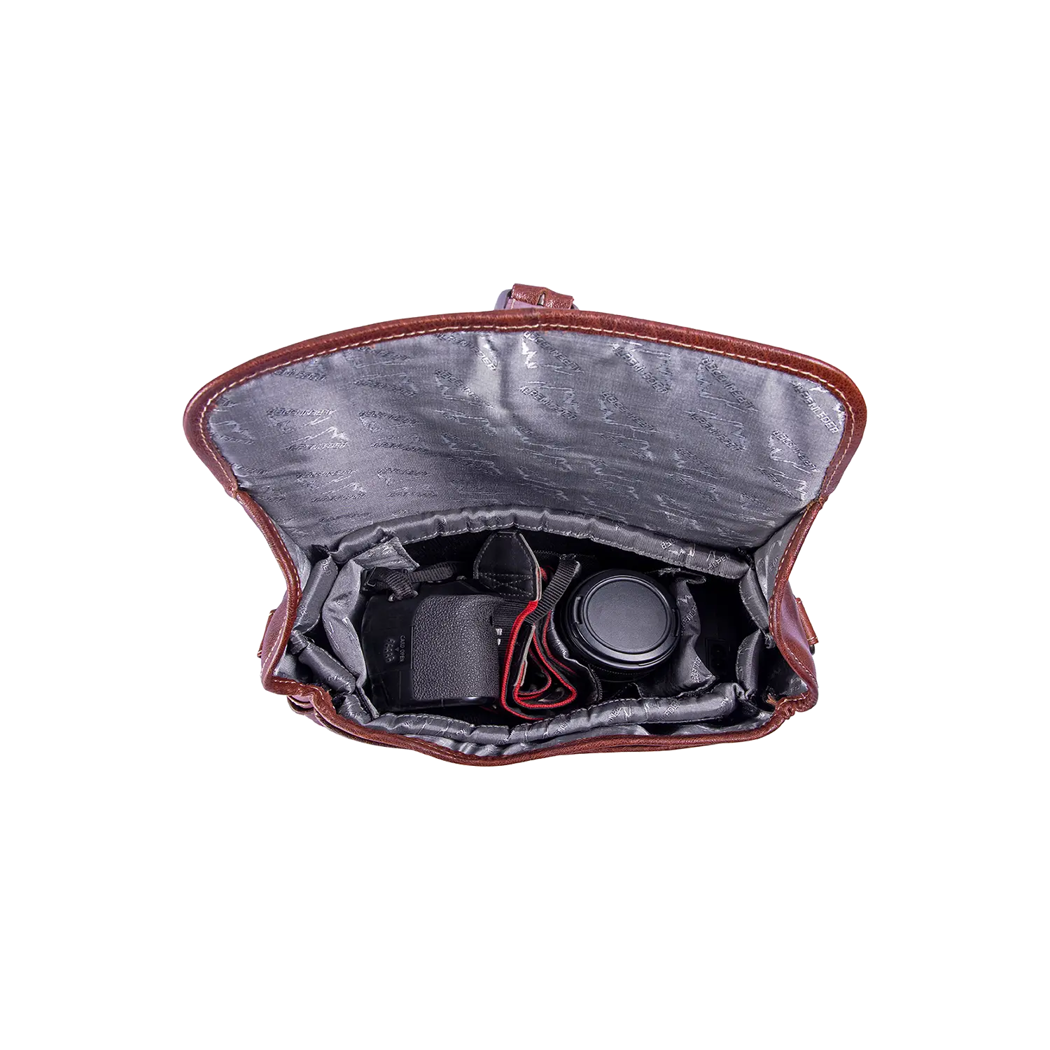 Von oben betrachtet gibt die geöffnete Alpenleder Kameratasche PRESSE den Blick auf eine Kompaktkamera mit Objektiv und rotem Tragegurt frei, die bequem in ihrer Polsterung eingebettet ist – perfekt für Hobbyfotografen, die sowohl Stil als auch Schutz suchen.