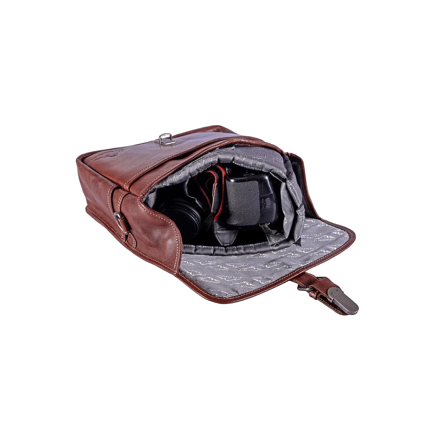 Die offene Alpenleder Kameratasche PRESSE aus braunem Leder verfügt über ein grau gepolstertes Innenleben, perfekt für Hobbyfotografen, die eine Kamera und Zubehör präsentieren möchten.