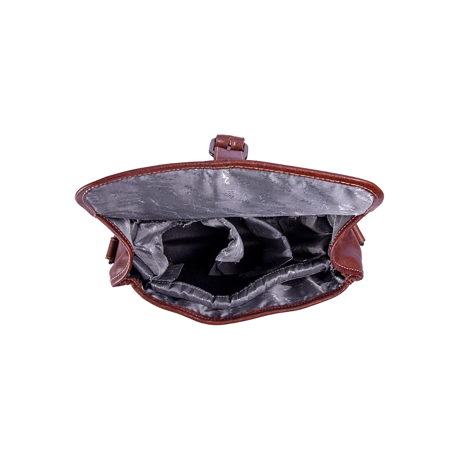 Die geöffnete Draufsicht der braunen Alpenleder Kameratasche PRESSE zeigt ihr graues Stoffinneres mit mehreren Fächern – perfekt für organisierte Hobbyfotografen unterwegs.