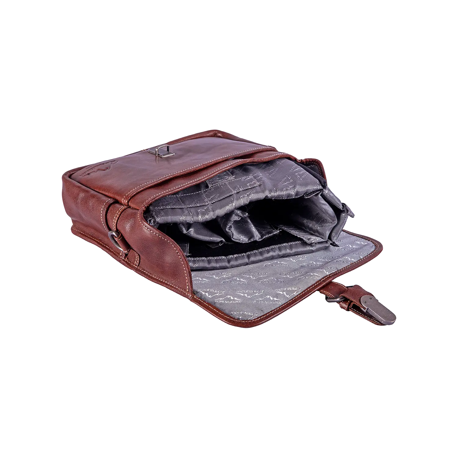 Die Alpenleder Kameratasche PRESSE ist eine braune Umhängetasche aus Leder für Hobbyfotografen mit mehreren mit grauem Stoff ausgekleideten Fächern zur Organisation und Aufbewahrung.