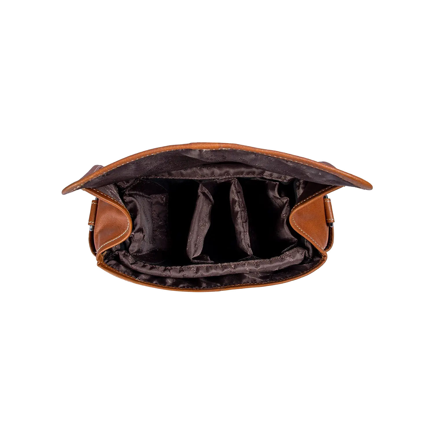 Die geöffnete Alpenleder Kameratasche PRESSE von oben offenbart ein geräumiges Innenleben aus braunem Leder mit mehreren, mit dunklem Stoff ausgekleideten Fächern. Perfekt für Hobbyfotografen, präsentiert sie sich leer und bietet so optimalen Stauraum für die Organisation der Ausrüstung während einer Fotosession.