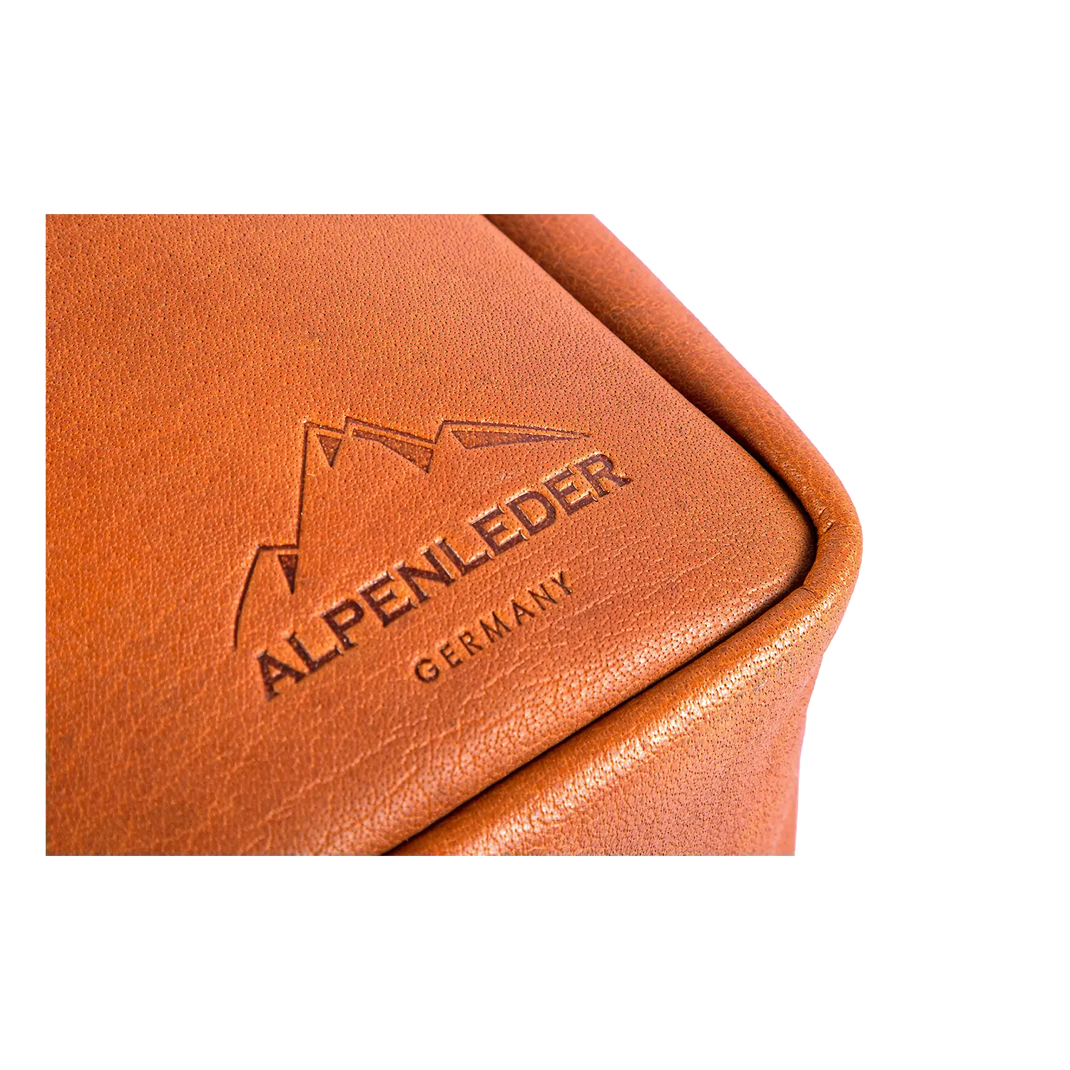 Eine Nahaufnahme der Alpenleder Kameratasche PRESSE zeigt ihre Handwerkskunst mit „Alpenleder“ und „Germany“ in hellbraunem Leder, sichtbaren Nähten, Polsterung zum Schutz und Steckfächern zur geordneten Aufbewahrung.