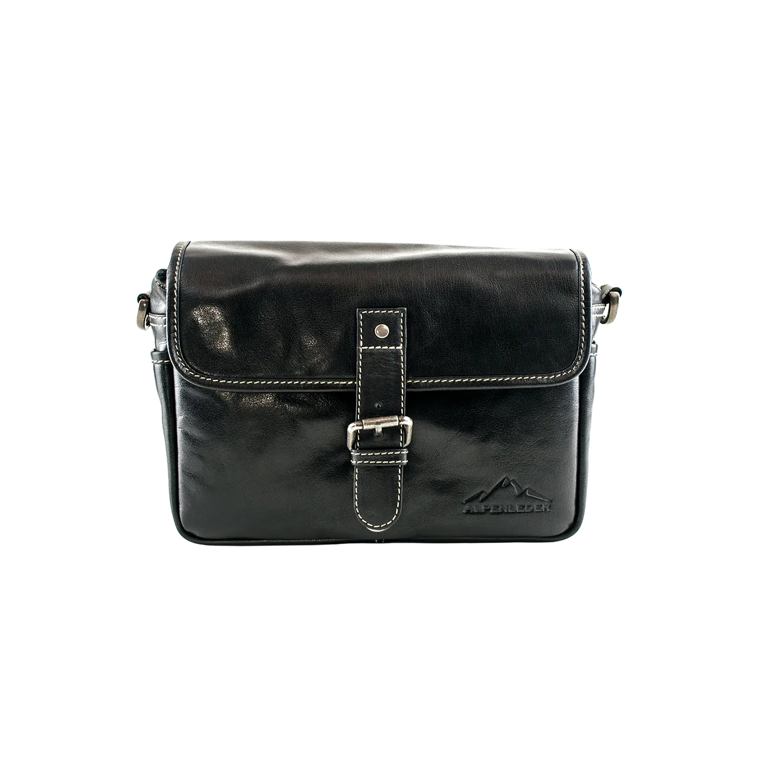 Die Alpenleder Kameratasche PRESSE ist eine schwarze Leder-Umhängetasche mit silbernem Verschluss und Schnallenriemen. Das stilisierte Berglogo und der Schriftzug „AUSBEULER“ verleihen ihr Flair, während die Polsterung die Ausrüstung sicher schützt – ideal für Hobbyfotografen bei verschiedenen Gelegenheiten.