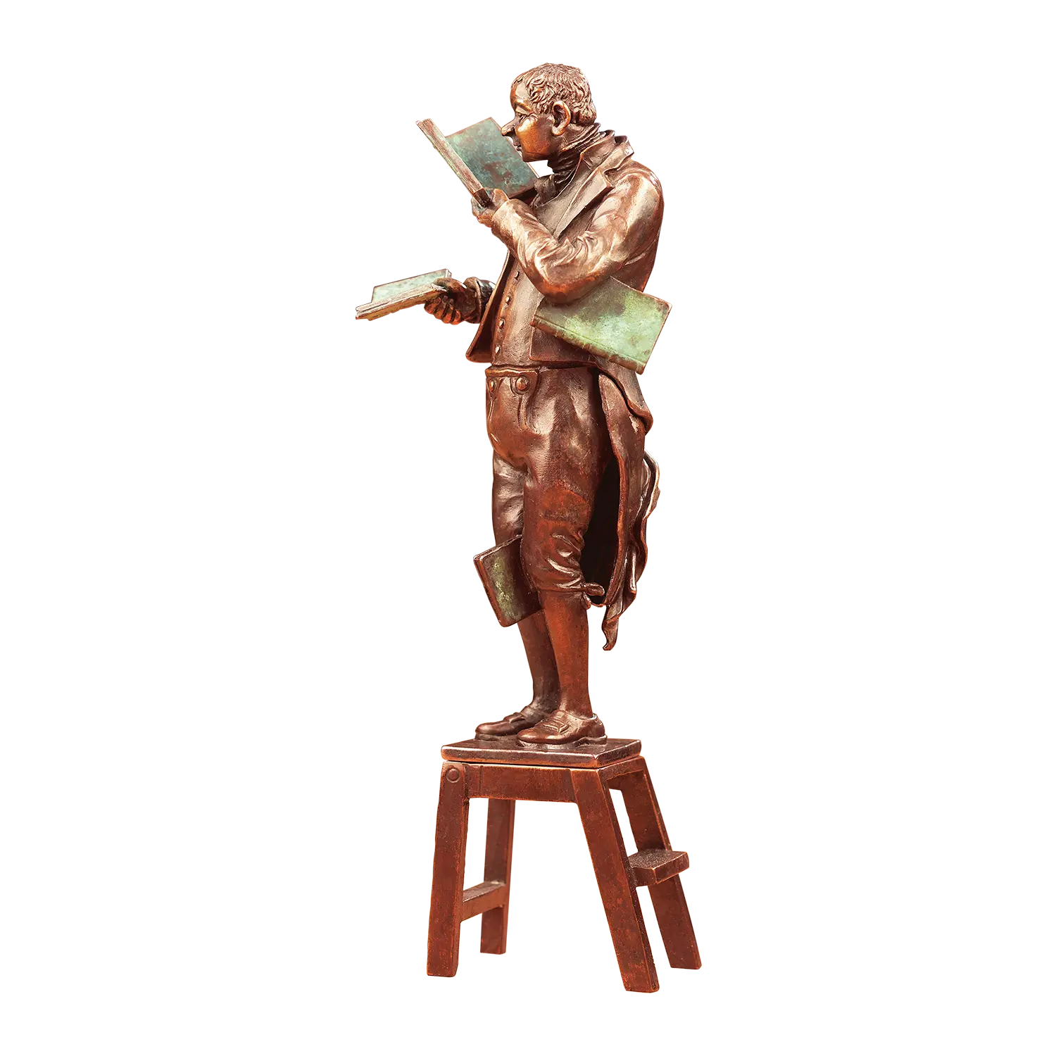 Metallguss-Skulptur "Der Bücherwurm" inspiriert von Carl Spitzweg.