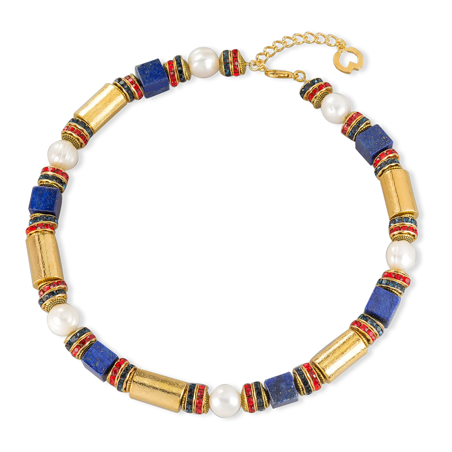 Gold, blau, rot Collier "Dorothea" Halskette mit verstellbarem Kettenverschluss.