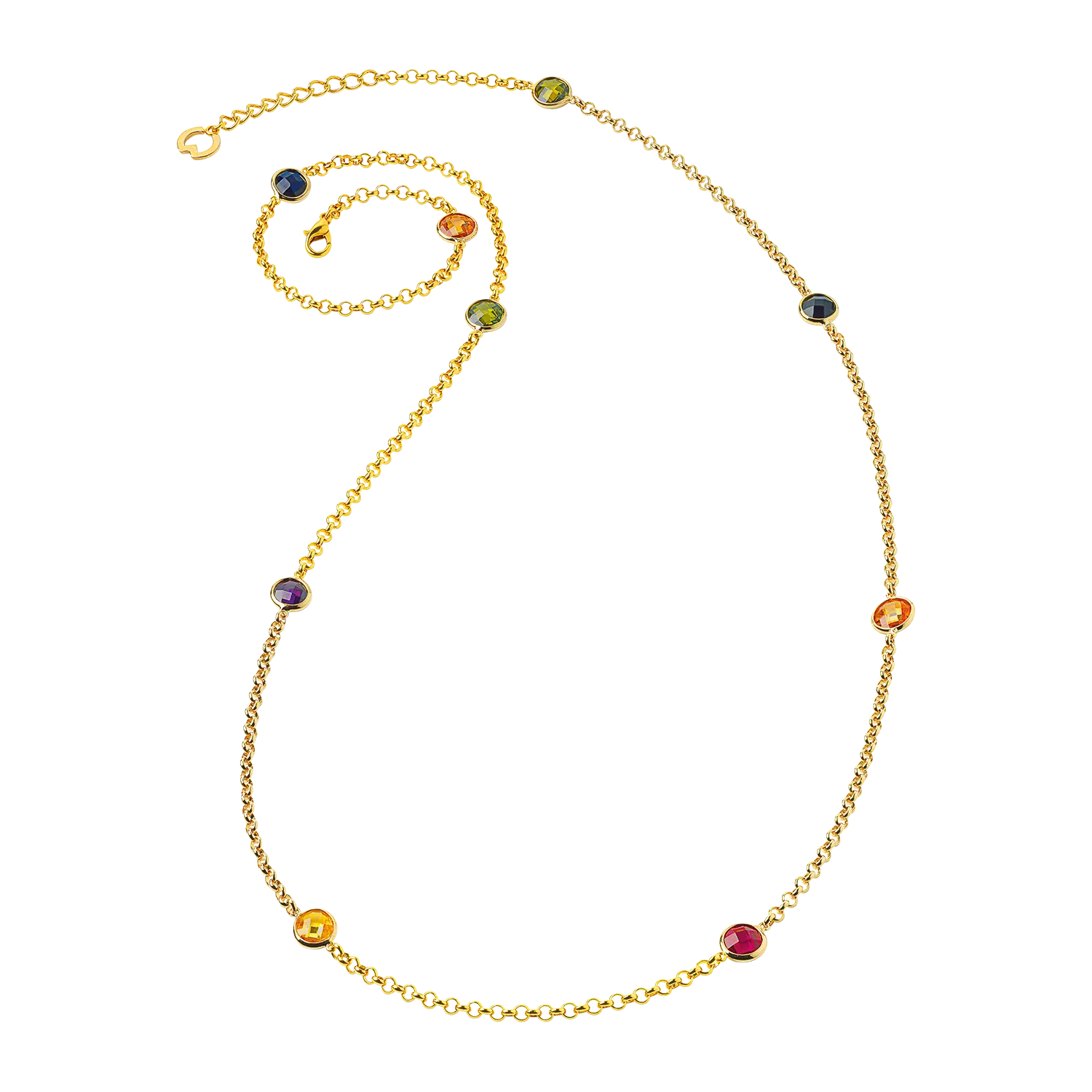 Collier Facette vergoldet mit bunten Muranoglas-Stationen auf weißem Hintergrund.