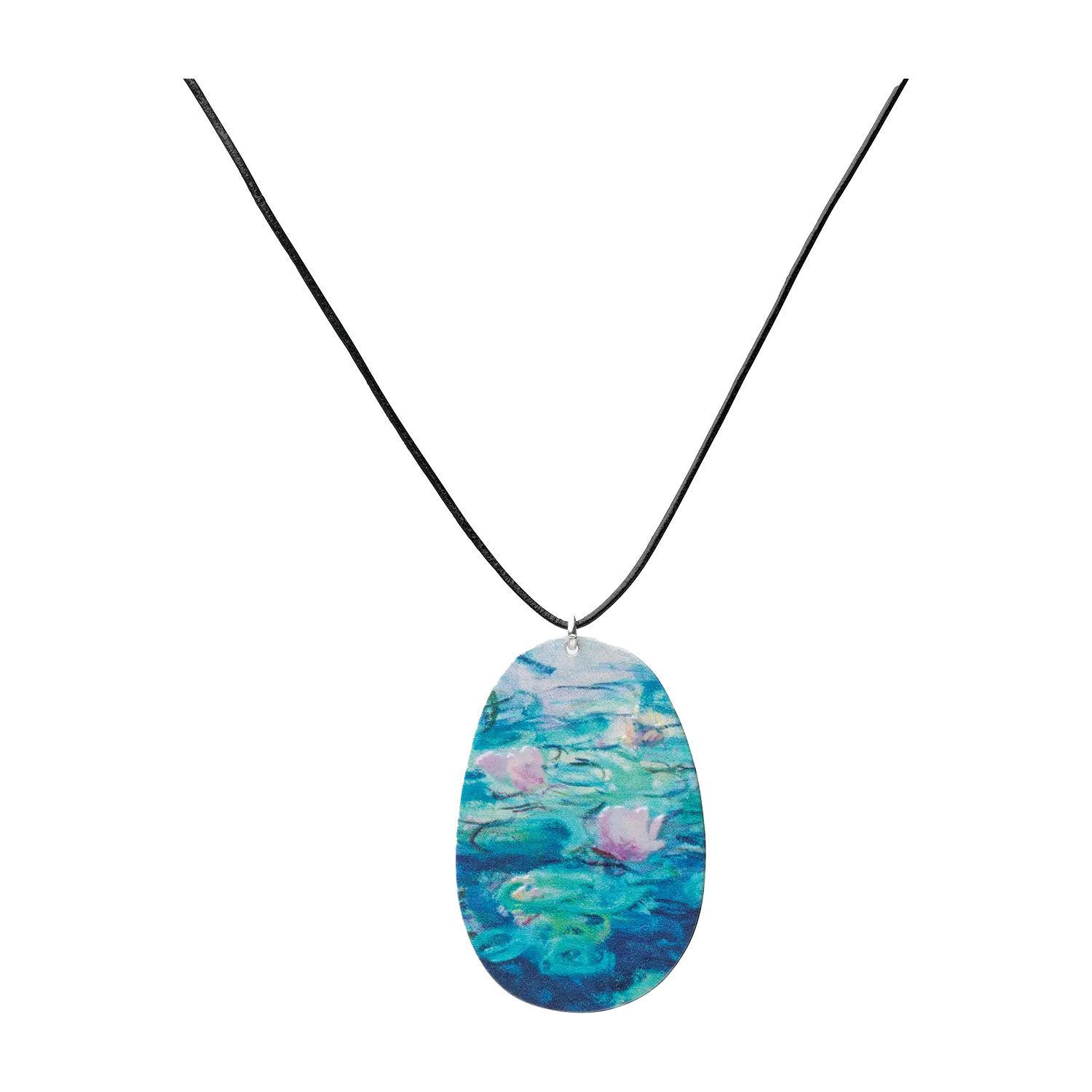 Collier „Les Nymphéas" – ovaler Metall-Anhänger mit Seerosen-Motiv am Lederband