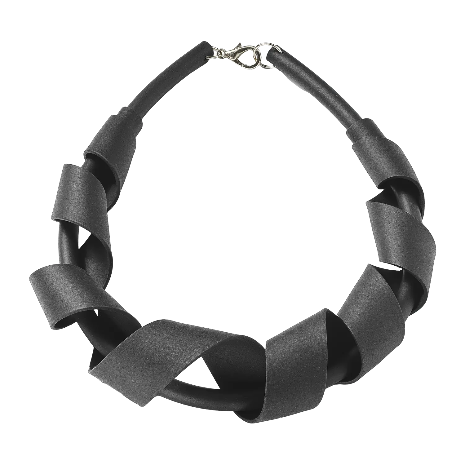 Collier "Schleife": Schwarzes Neoprenhalsband mit silbernem Verschluss auf weißem Hintergrund.