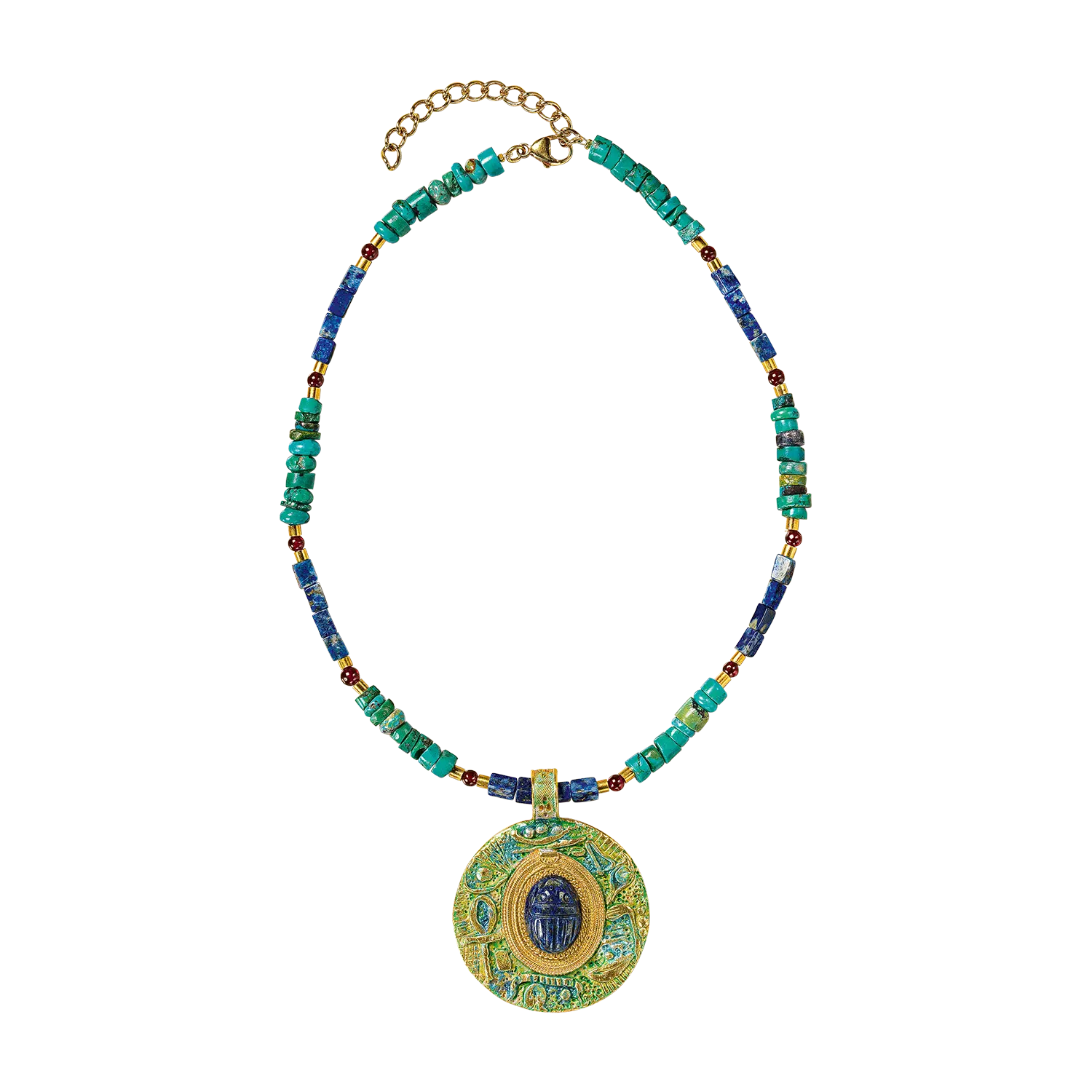 Collier "Scarabeo" Halskette mit großem grünen und blauen Perlenanhänger.