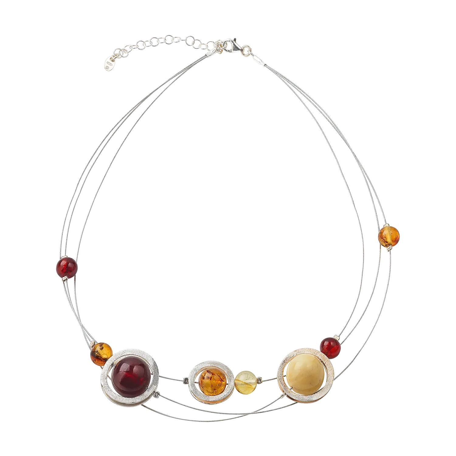 Collier "Sonne, Mond und Sterne" mit roten, gelben und bernsteinfarbenen Steinen an dünnen Drähten.