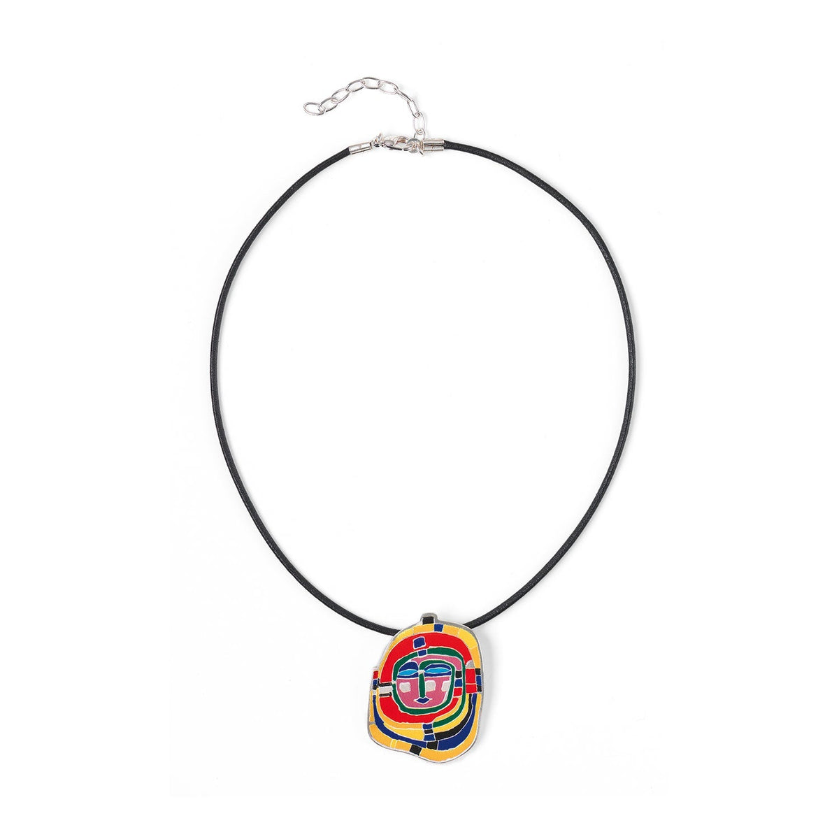 Collier „Spirale“ nach Hundertwasser mit farbigem Metallanhänger und schwarzem Lederband