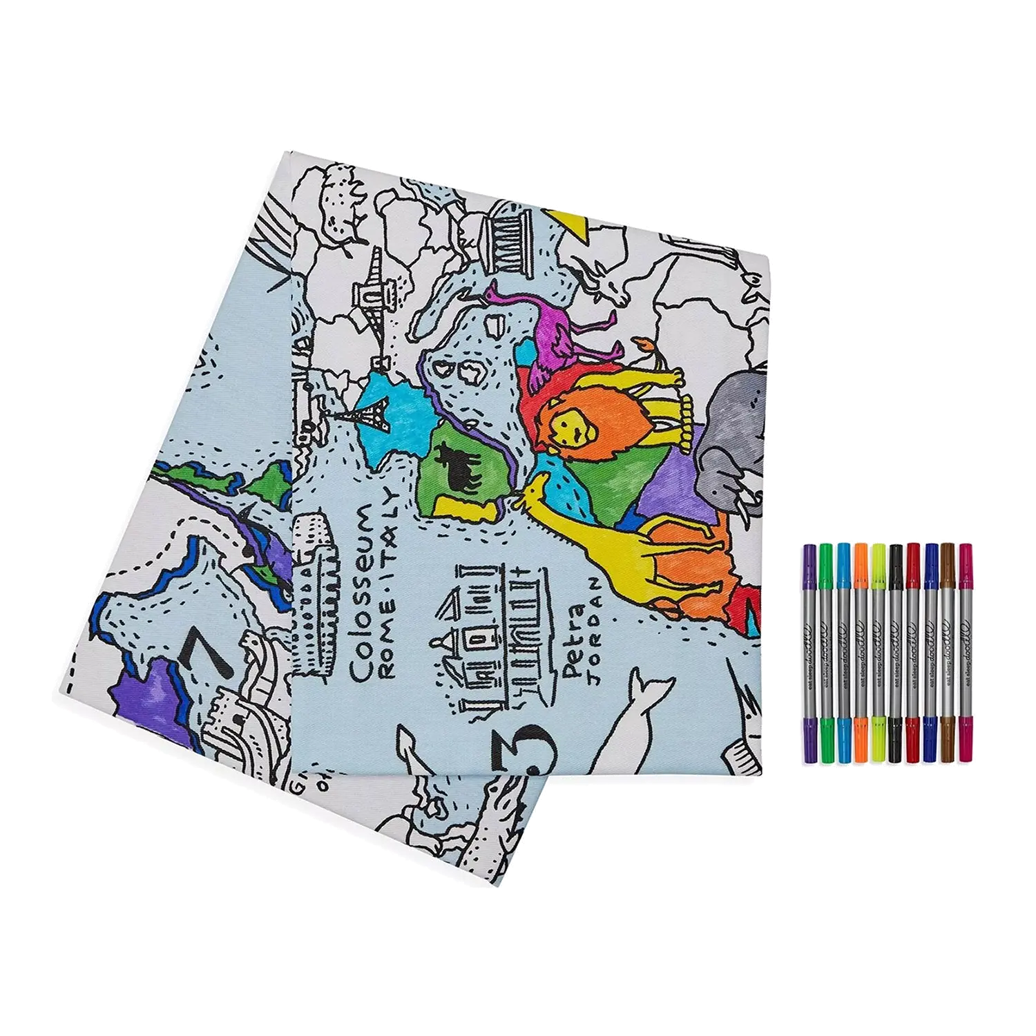 Die Baumwolltischdecke „Color In World Map“ wird mit Stoffmarkern geliefert.