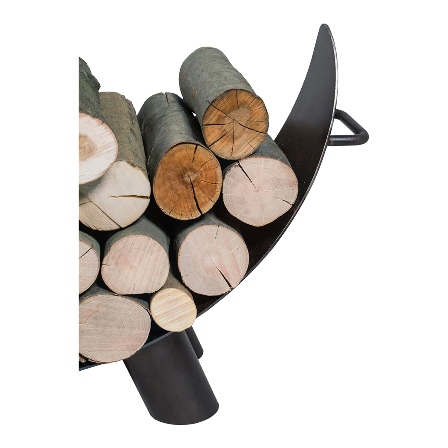 Kaminholzregal Colorado: Gestapelte Brennholzscheite in einem schwarzen Metallhalter.