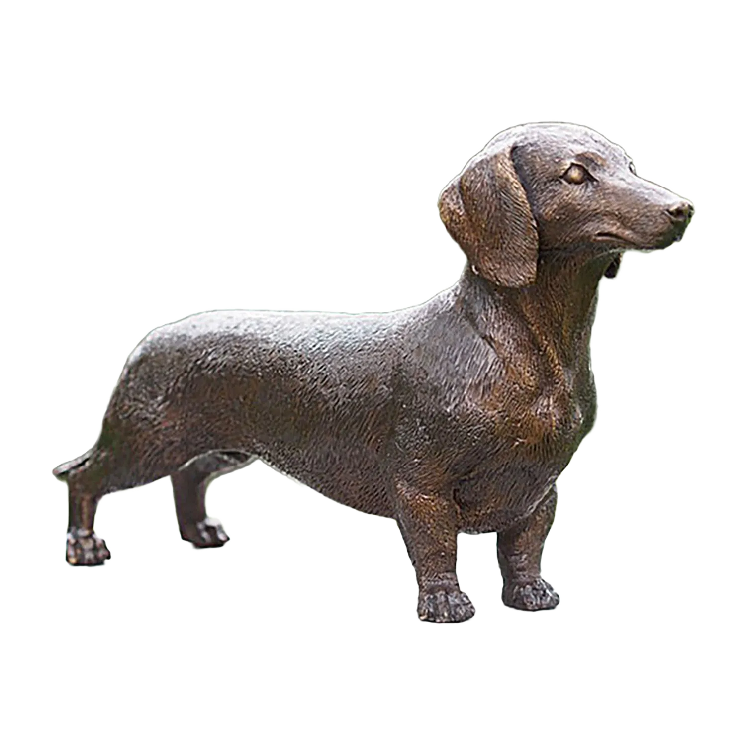 Gartenskulptur "Dackel": bronzefarbener Dackel stehend auf allen Vieren.