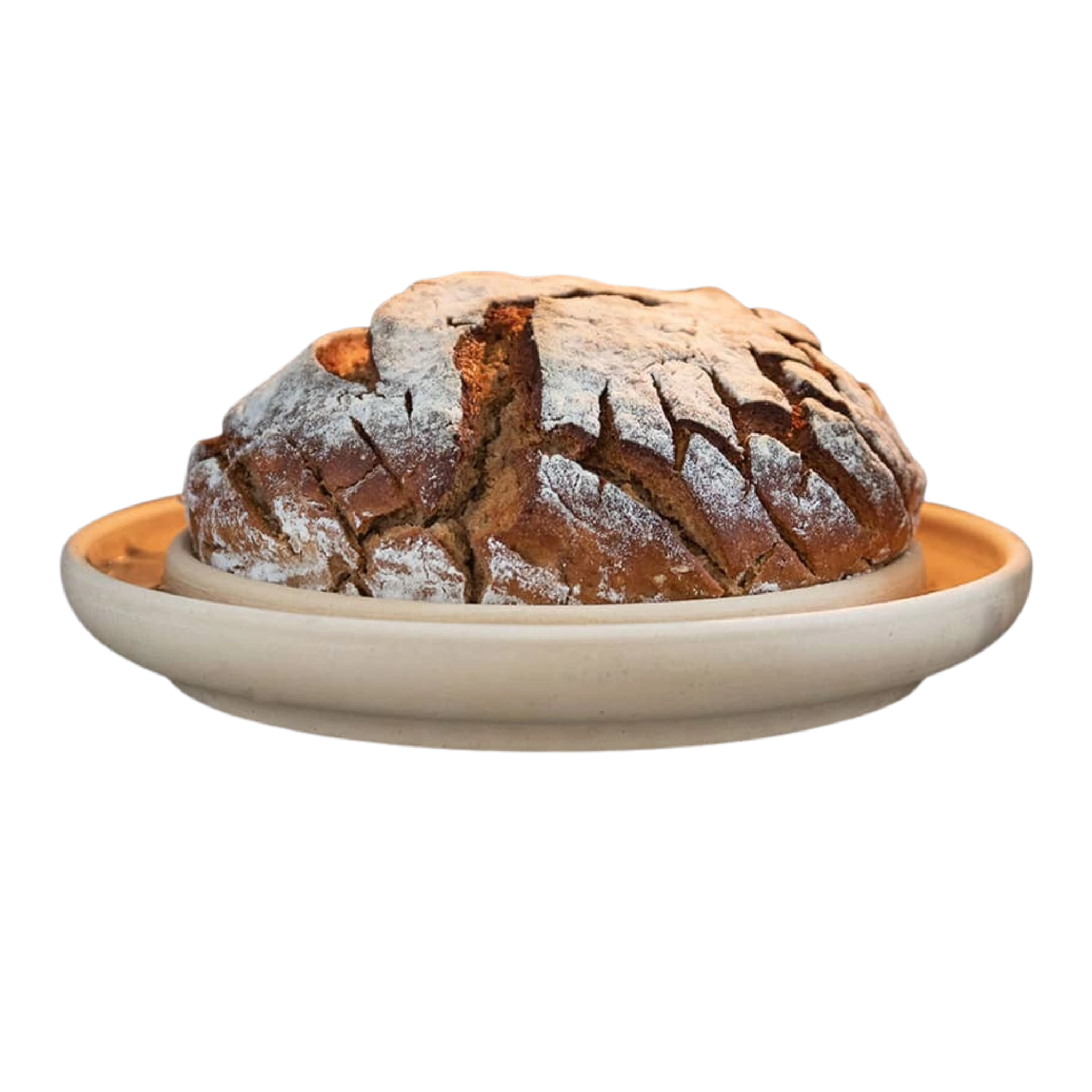 Rustikales Rundbrot auf einer Backplatte Bread Cake, mit Mehl bestäubt.