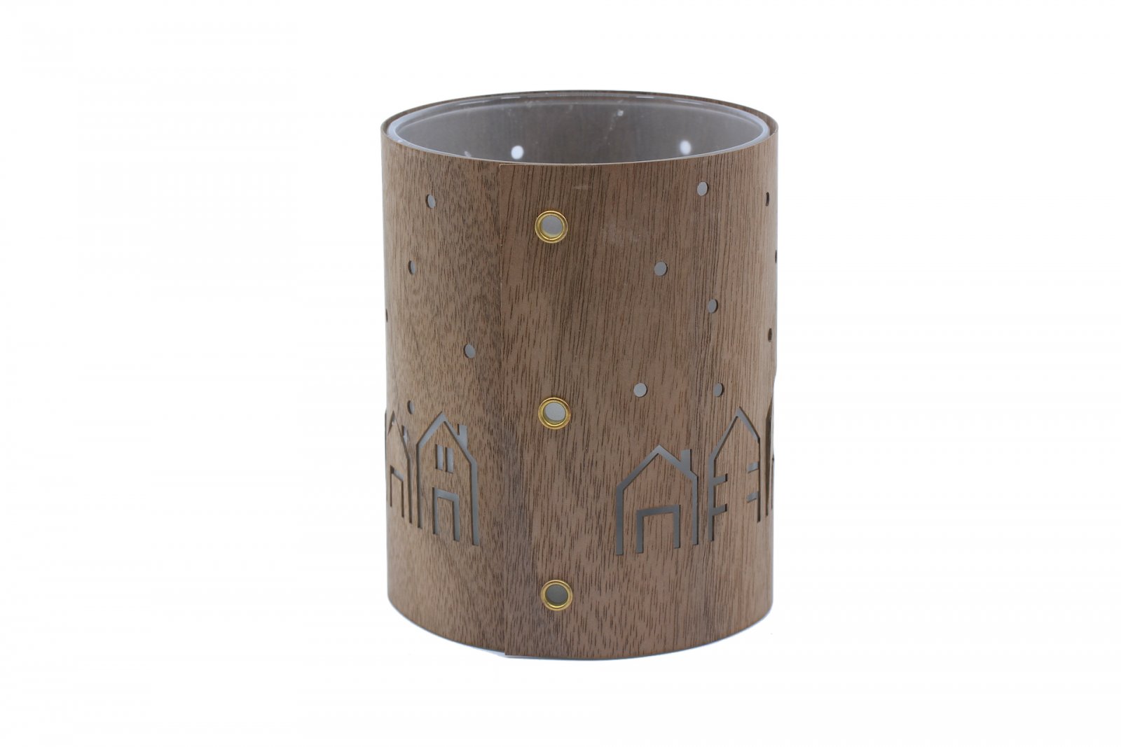Brauner, zylindrischer Windlicht-Kerzenhalter aus Nussbaumholz mit Haus- und Punktausschnitten, die mit goldenen Nieten befestigt sind.