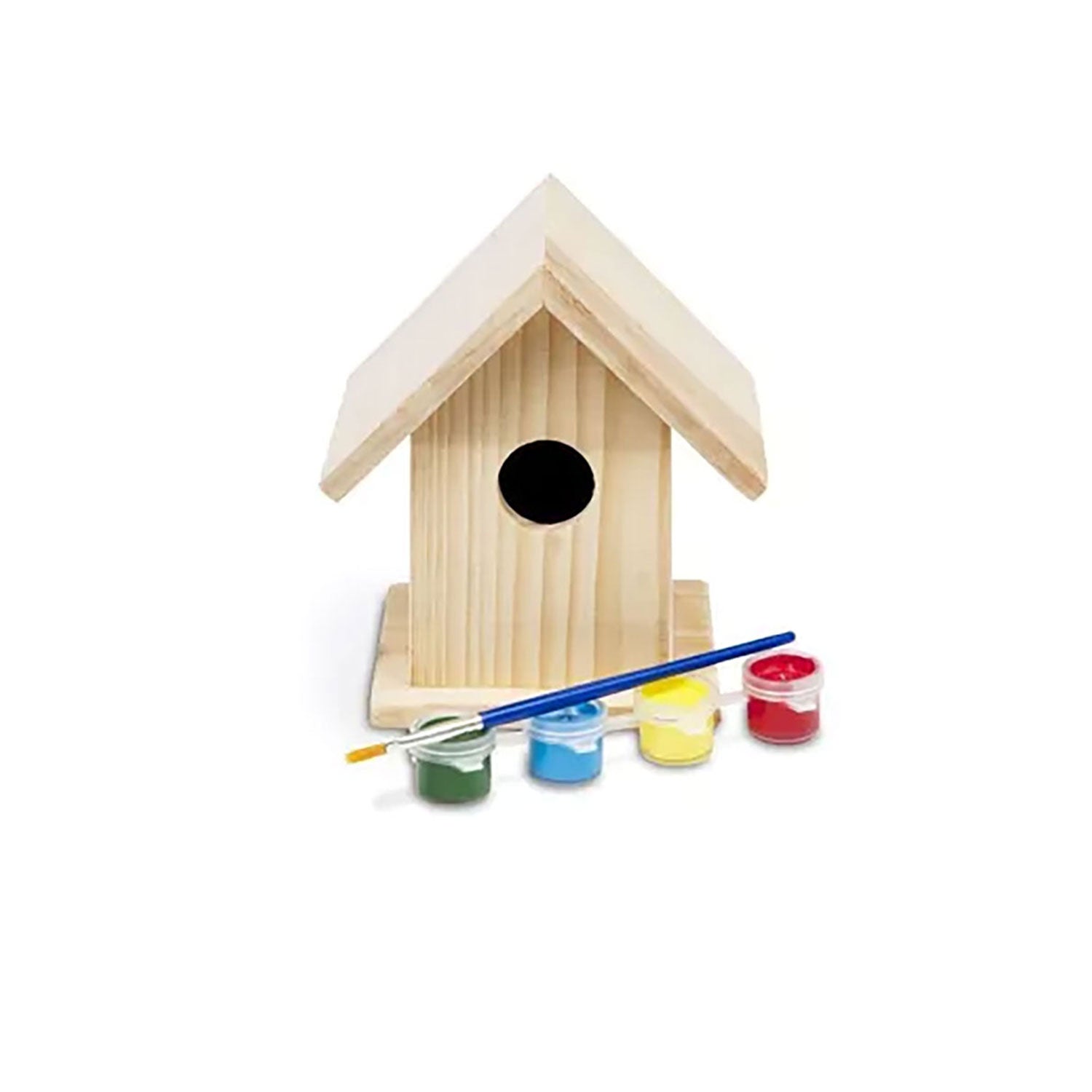 Vogelhaus zum Bemalen mit Farben, Holz-Bastelset und Pinsel vorne.