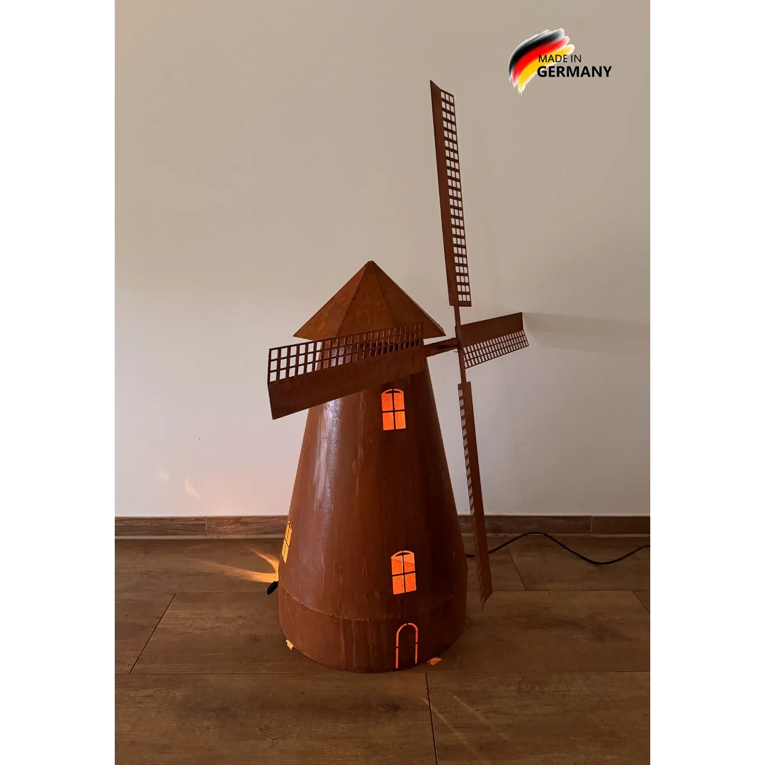 Drehbare Windmühle Edelrost inkl. Beleuchtung