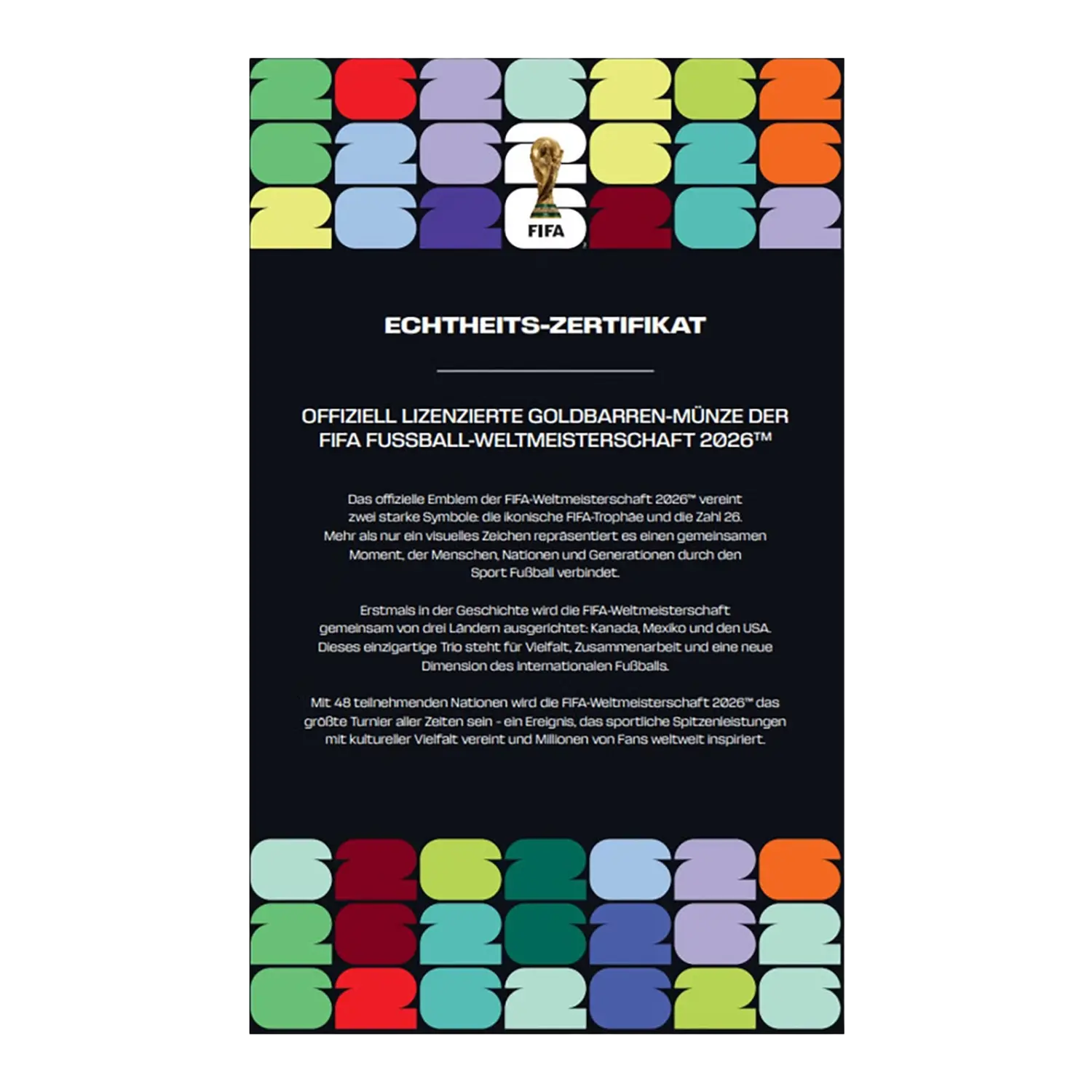 FIFA-Zertifikat mit offiziellem Emblem für Goldbarren FIFA Fussball-WM 2026