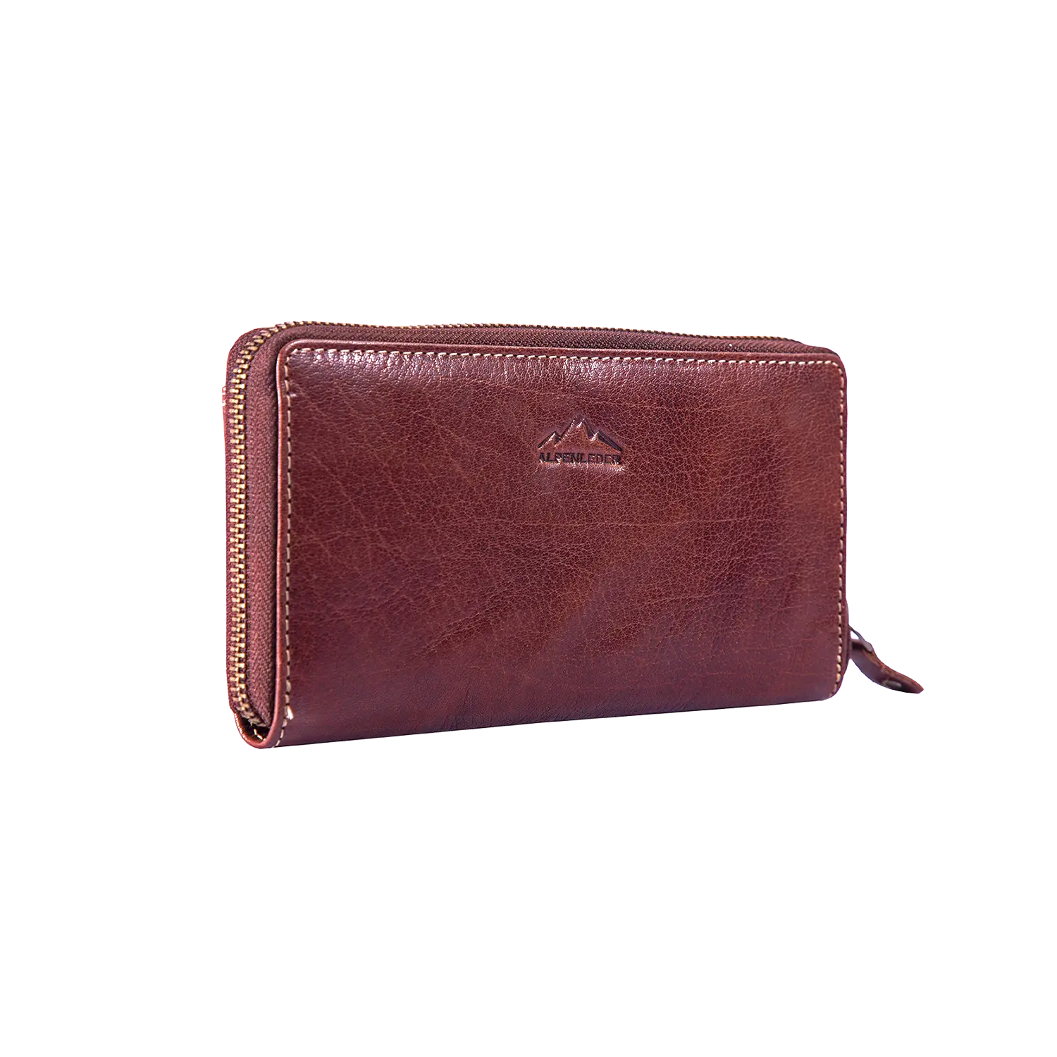 Der Damengeldbeutel EDELWEISS ist eine braune Brandy-Geldbörse mit Reißverschluss und kleinem geprägten Logo, das schräg angebracht ist, um die Textur und Verarbeitung hervorzuheben, sowie RFID-Schutz für zusätzliche Sicherheit.