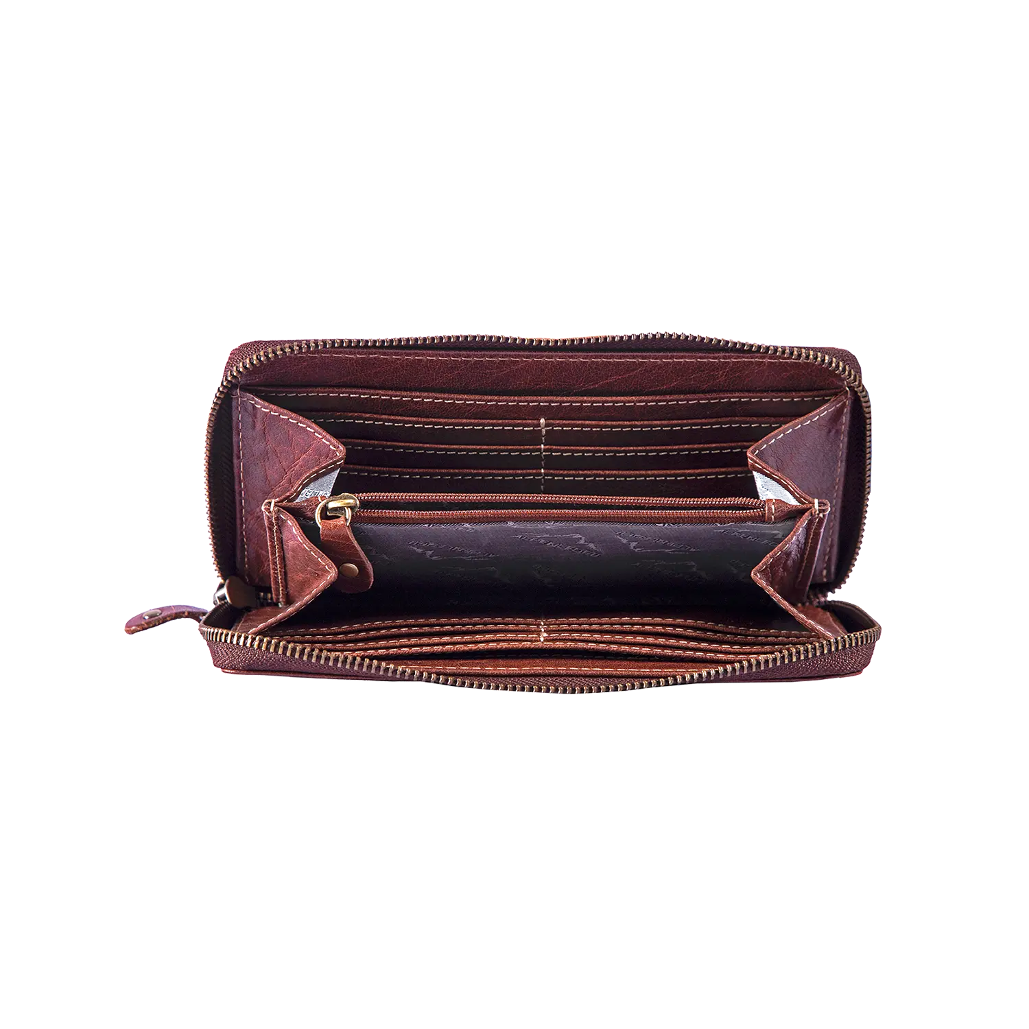 Präsentieren Sie den offenen braunen Damengeldbeutel EDELWEISS mit mehreren Kartenfächern und einem zentralen Reißverschlussfach vor weißem Hintergrund. Er ist mit RFID-Schutz für zusätzliche Sicherheit ausgestattet.