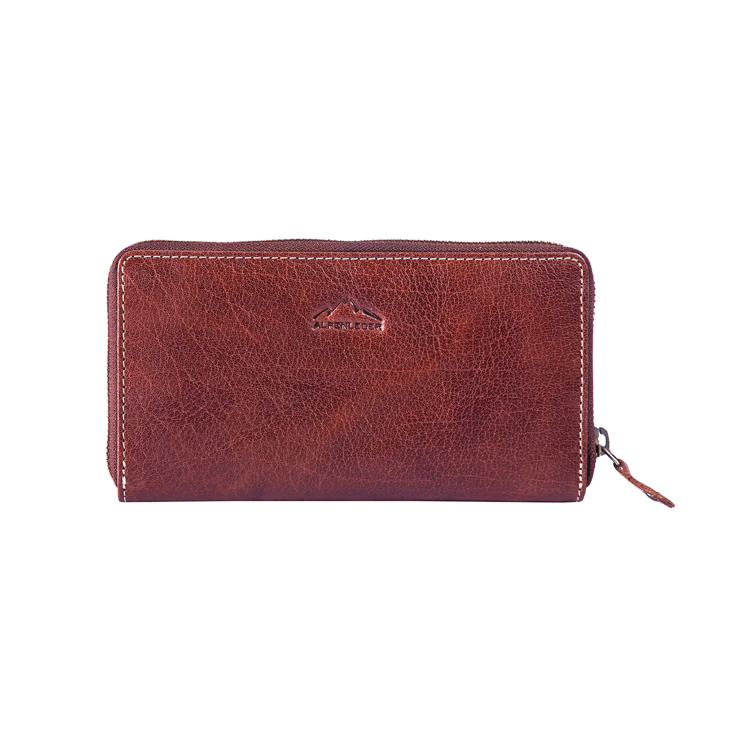 Der Damengeldbeutel EDELWEISS ist aus Büffelleder gefertigt, verfügt über einen Reißverschluss und ein geprägtes Logo auf der Vorderseite. Er ist mit RFID-Schutz ausgestattet, hat eine strukturierte Oberfläche und ein schlichtes, rechteckiges Design.