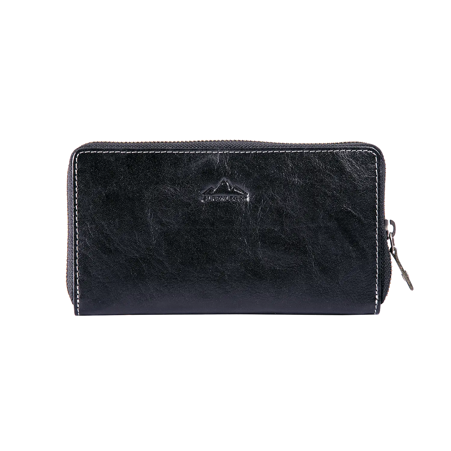 Der Damengeldbeutel EDELWEISS ist eine schwarze Lederhandtasche mit silbernem Reißverschluss, Markenlogo auf der Vorderseite, glatter Textur, dezenter Randnaht und RFID-Schutz zur Sicherung Ihrer wichtigsten Dinge.