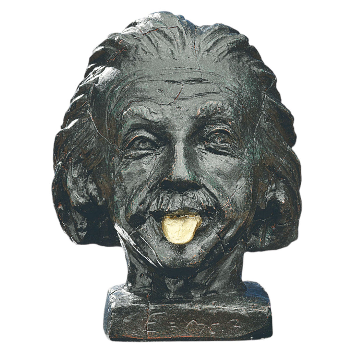 Die Skulptur „Einstein-Kopf mit goldener Zunge“