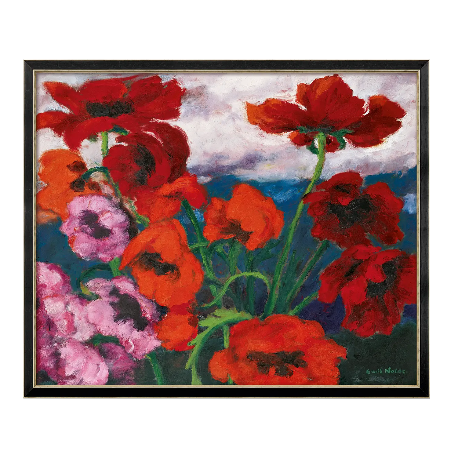 Bild "Großer Mohn Rot, Rot, Rot" schwarz-silber: leuchtende Mohnblumen vor einem wolkenverhangenen Himmel.