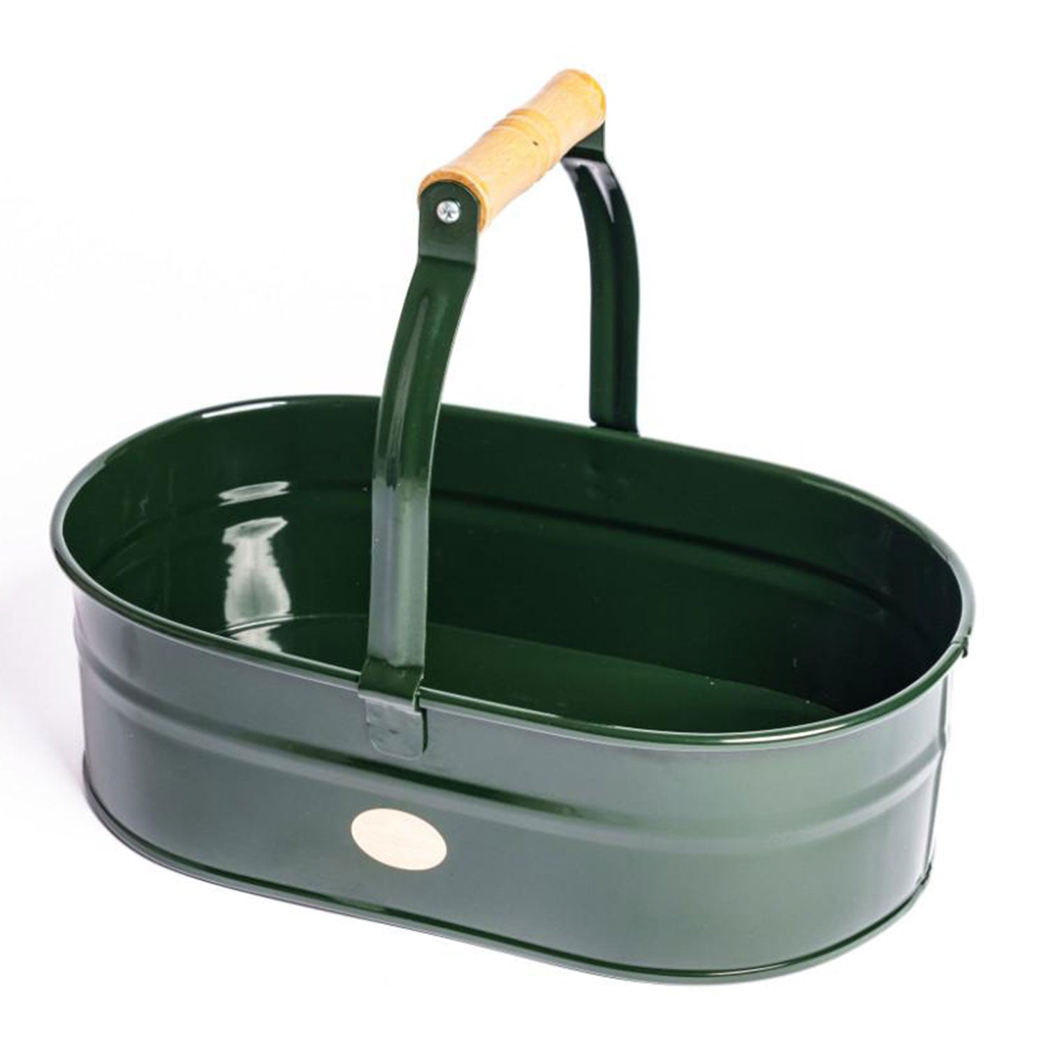 Ovaler englischer Gartenkorb aus Metall in British Racing Green mit Holzgriff