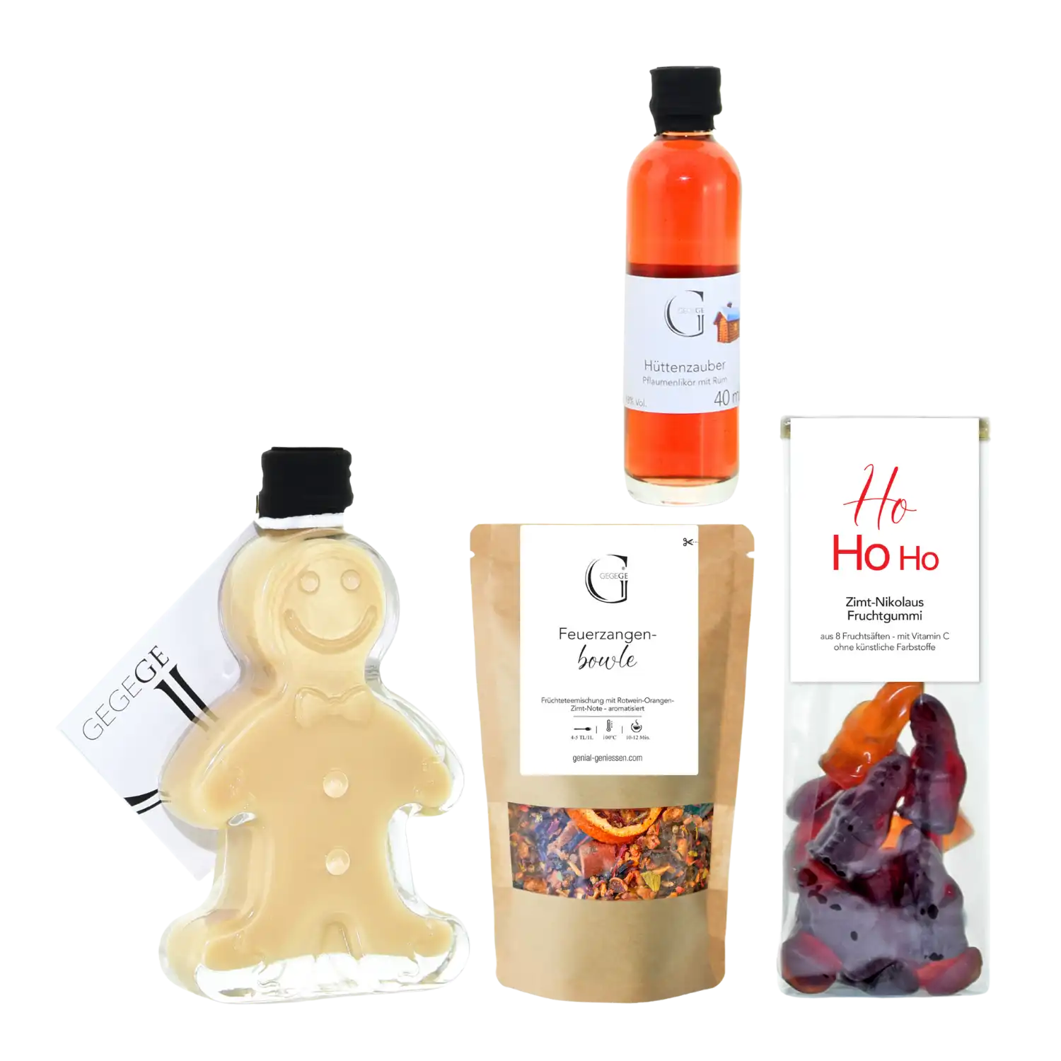 Vier festliche Leckereien, wie Beschwipstes Christkind und Lebkuchenflasche.