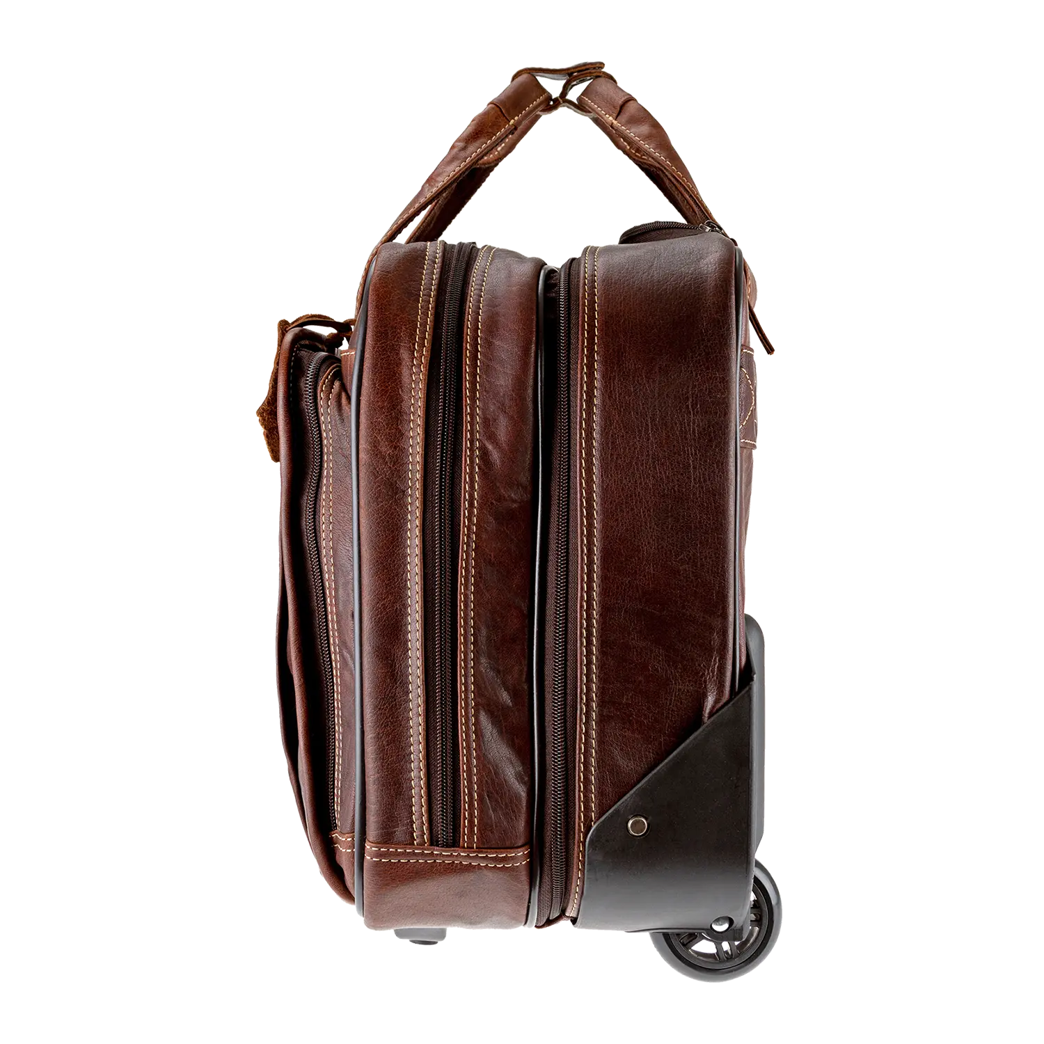 Seitenansicht des Akten Trolley DENVER aus braunem Leder mit zwei Hauptfächern mit Reißverschluss, einem stabilen Tragegriff oben und einem Eckrad für einfachen Transport.