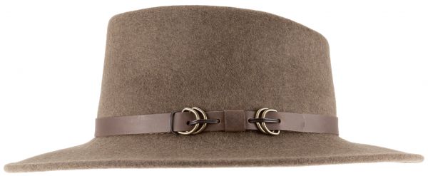 Brauner Wollfilzhut mit breiter Krempe und einem Lederband mit zwei Metallschnallen, inspiriert von der klassischen Eleganz der Borsalino Hüte.